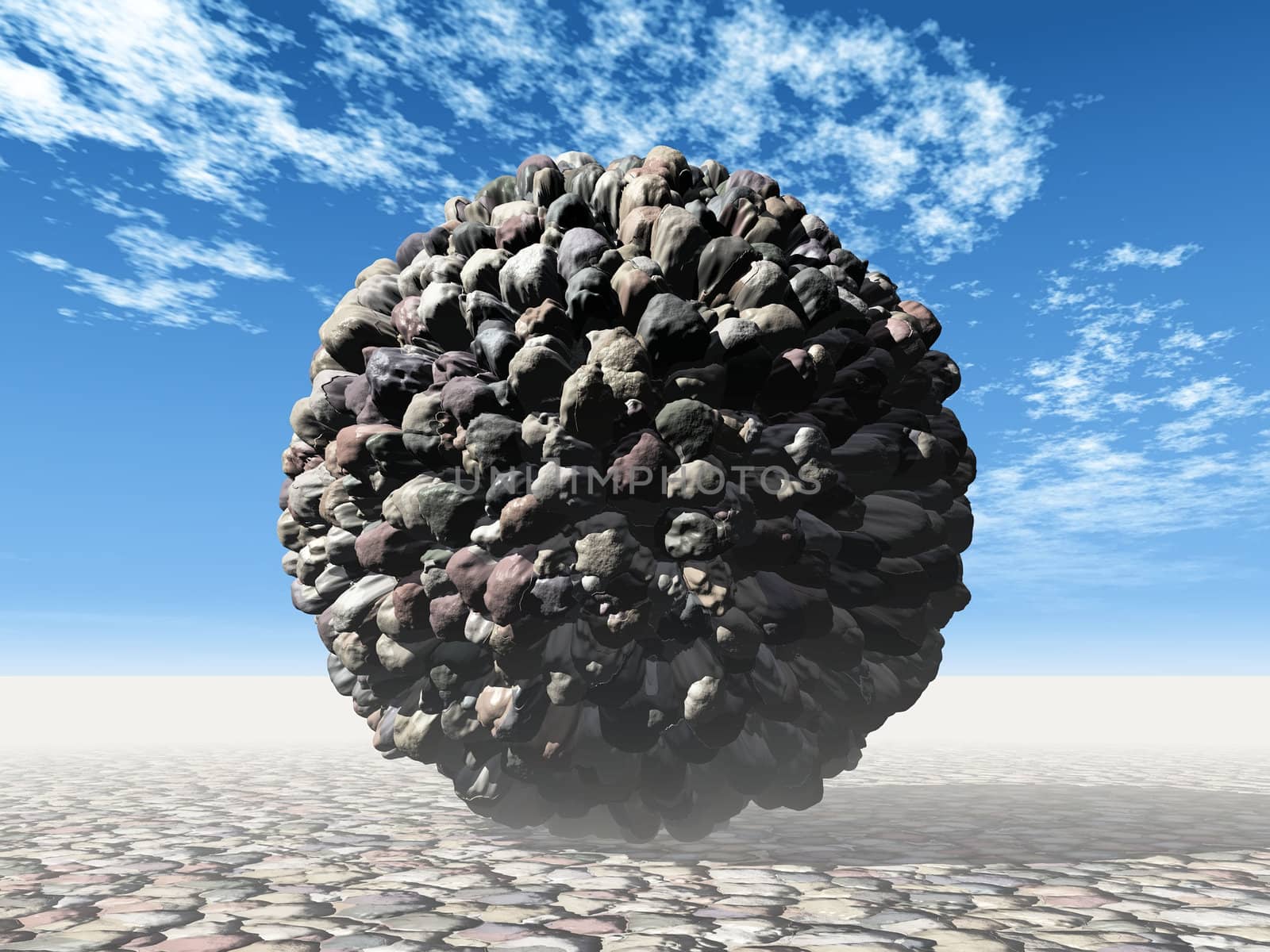 a stone ball on a blue sky