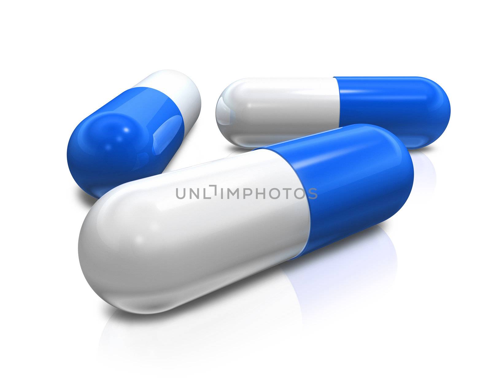 three 3D capsule pills isolated on white