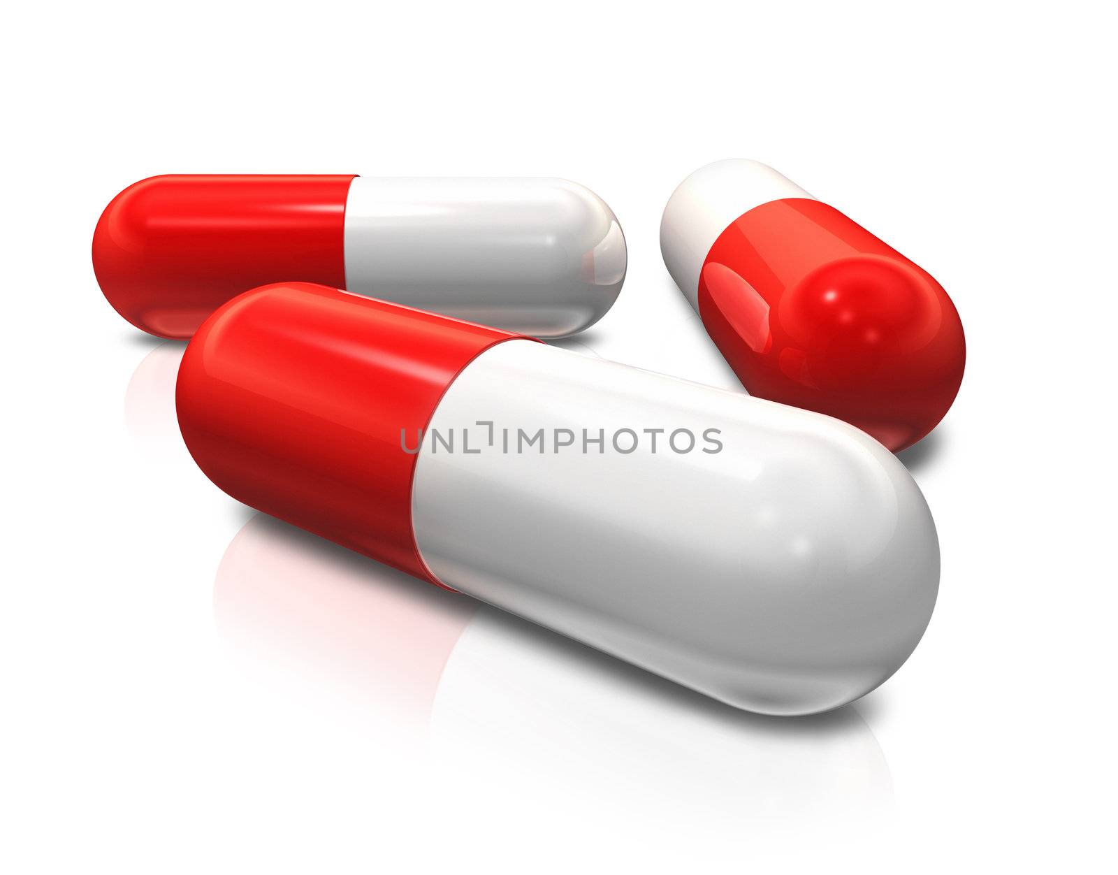 three 3D capsule pills isolated on white