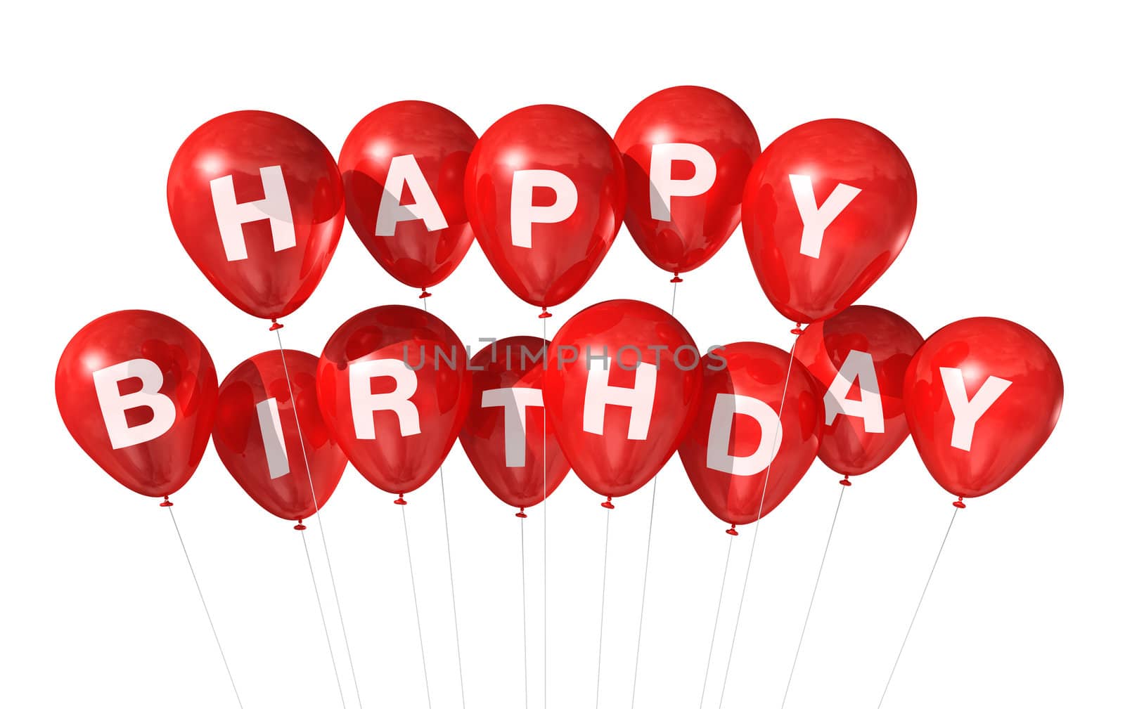 3D red Happy Birthday balloons isolated on white background