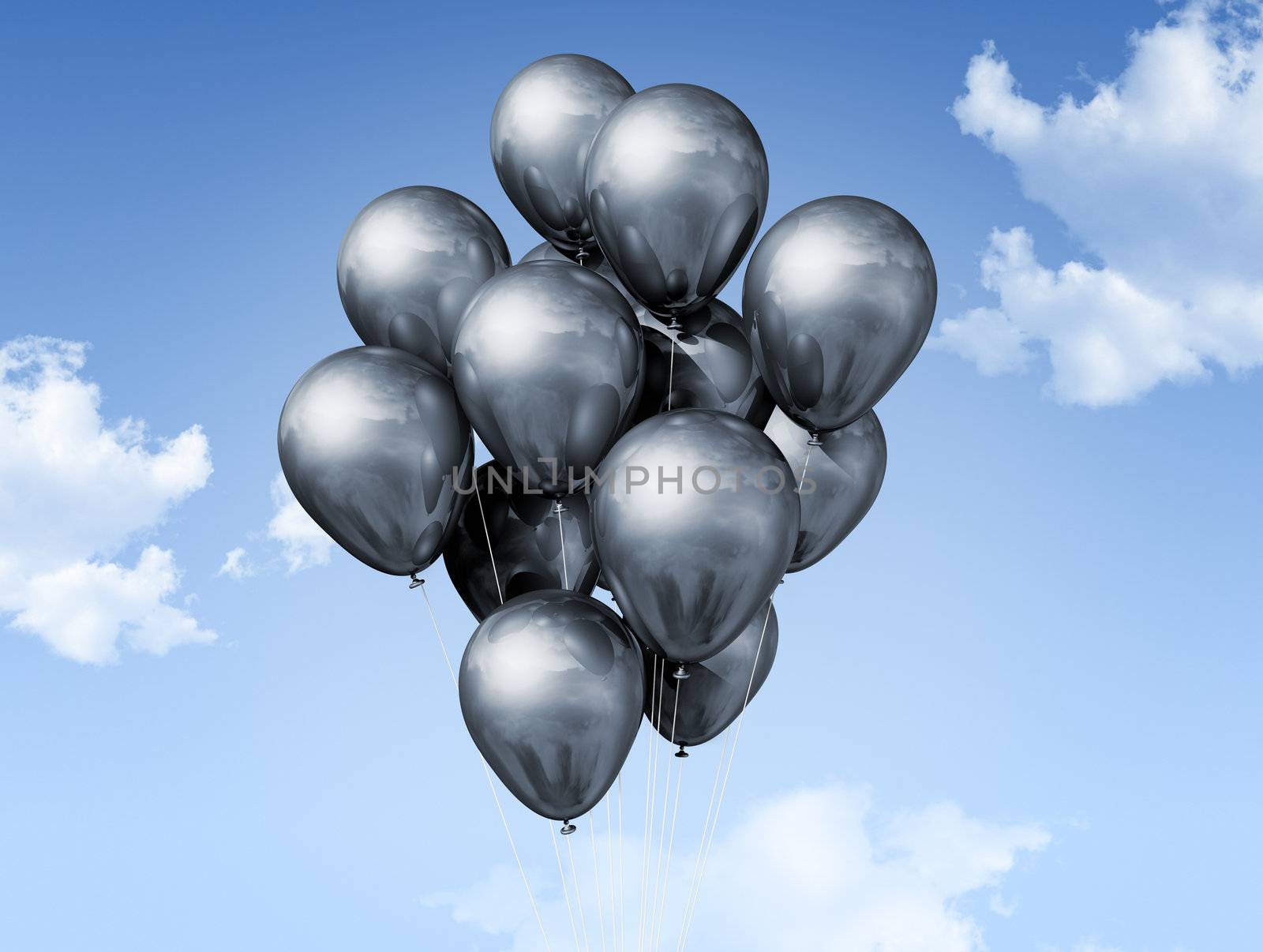 silver air balloons floating on a blue sky