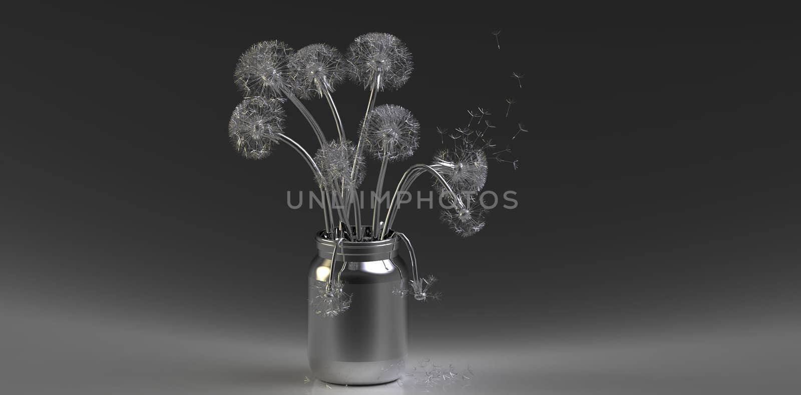 Dandelion  in the pot on a gray background