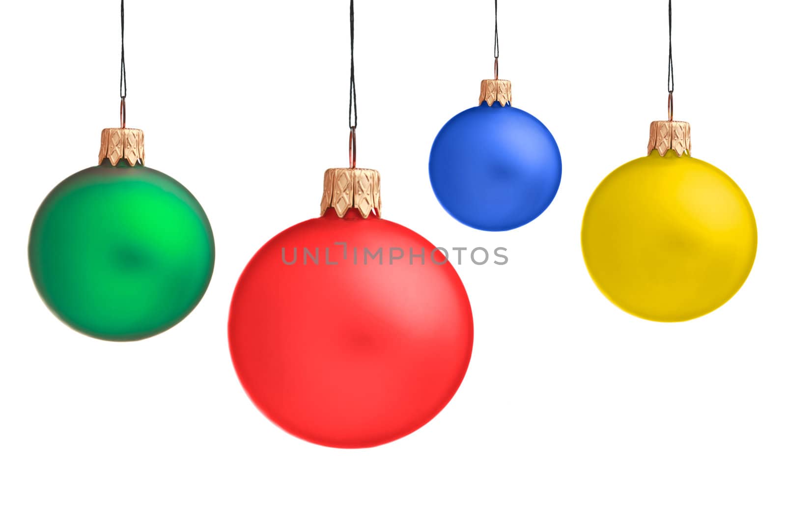 Several hanging Christmas baubles isolated by dimol