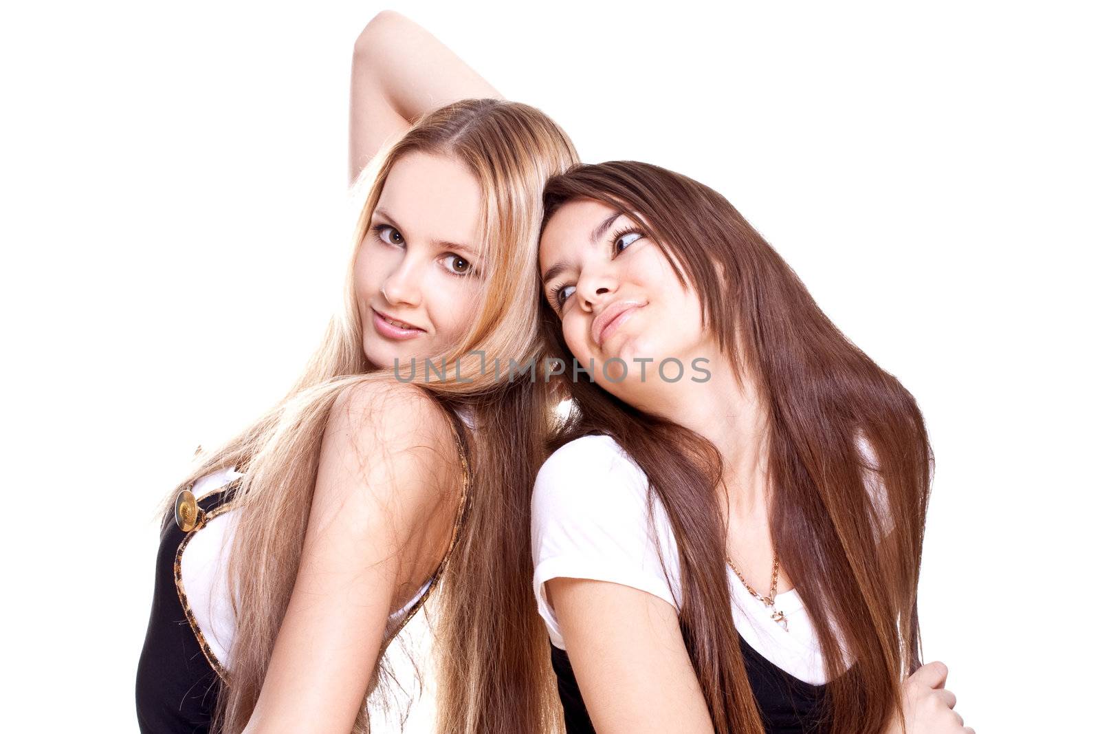 two beautiful women in a suit on a white background isolated