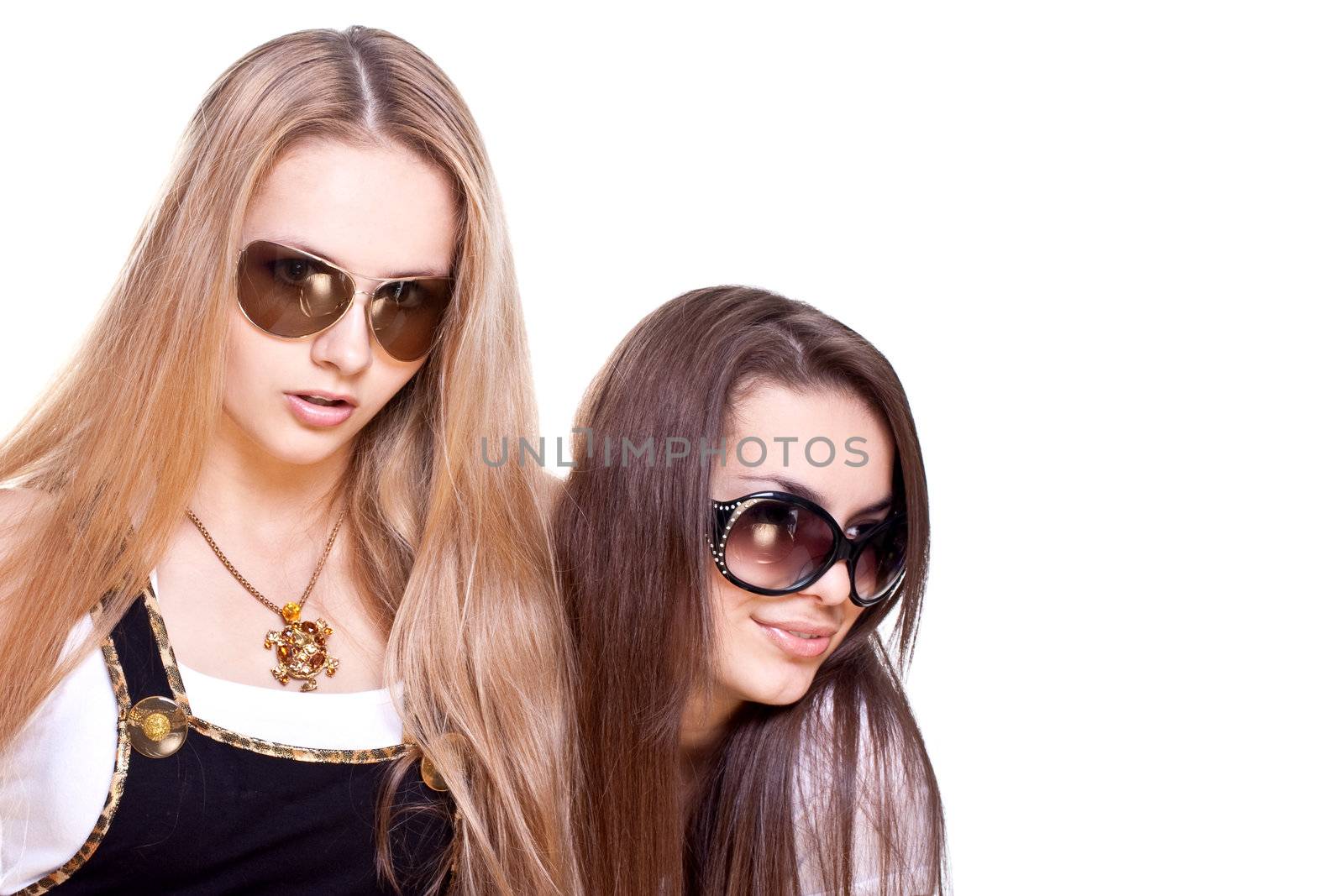 two beautiful women in a suit on a white background isolated