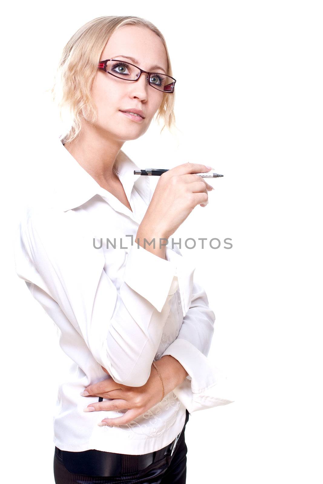 business woman in a glasses with pen on a white background