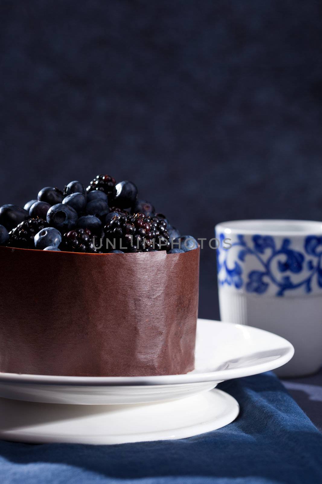 Beautiful cake filled with blueberries and black berries on top