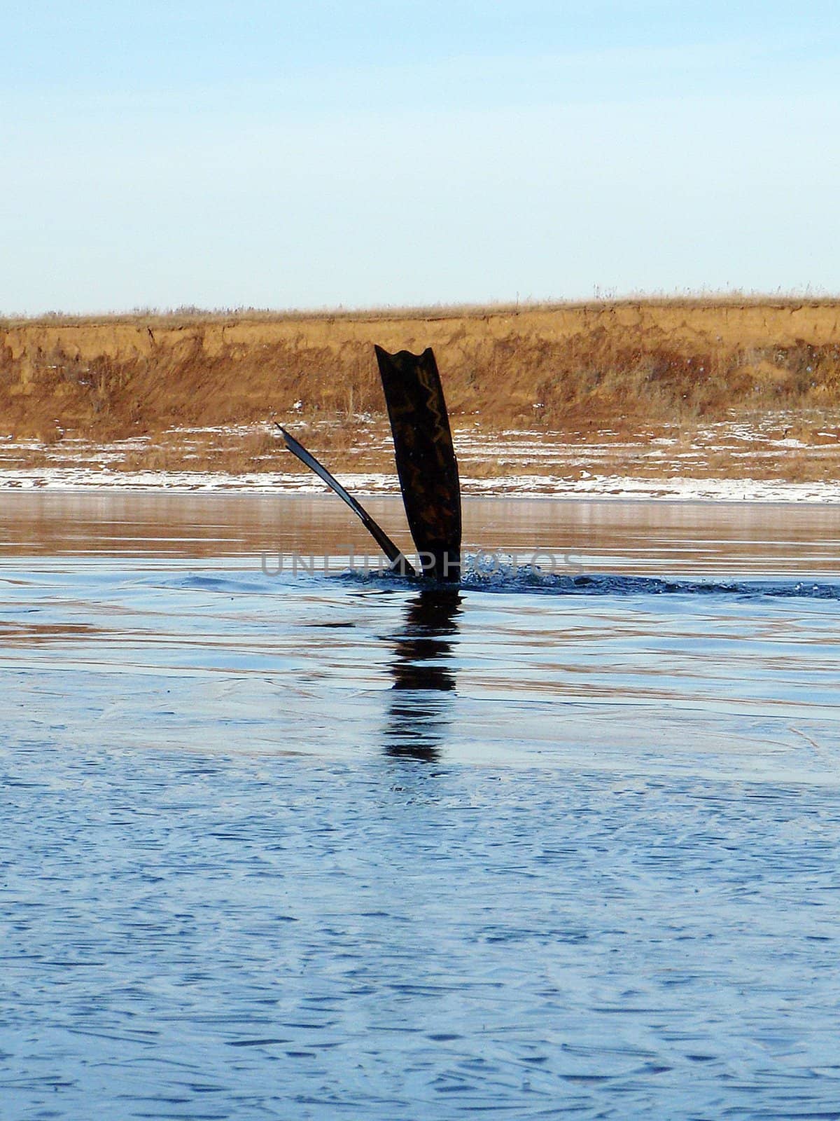 We dive on the winter river Belaya, Russia, Bashkortostan