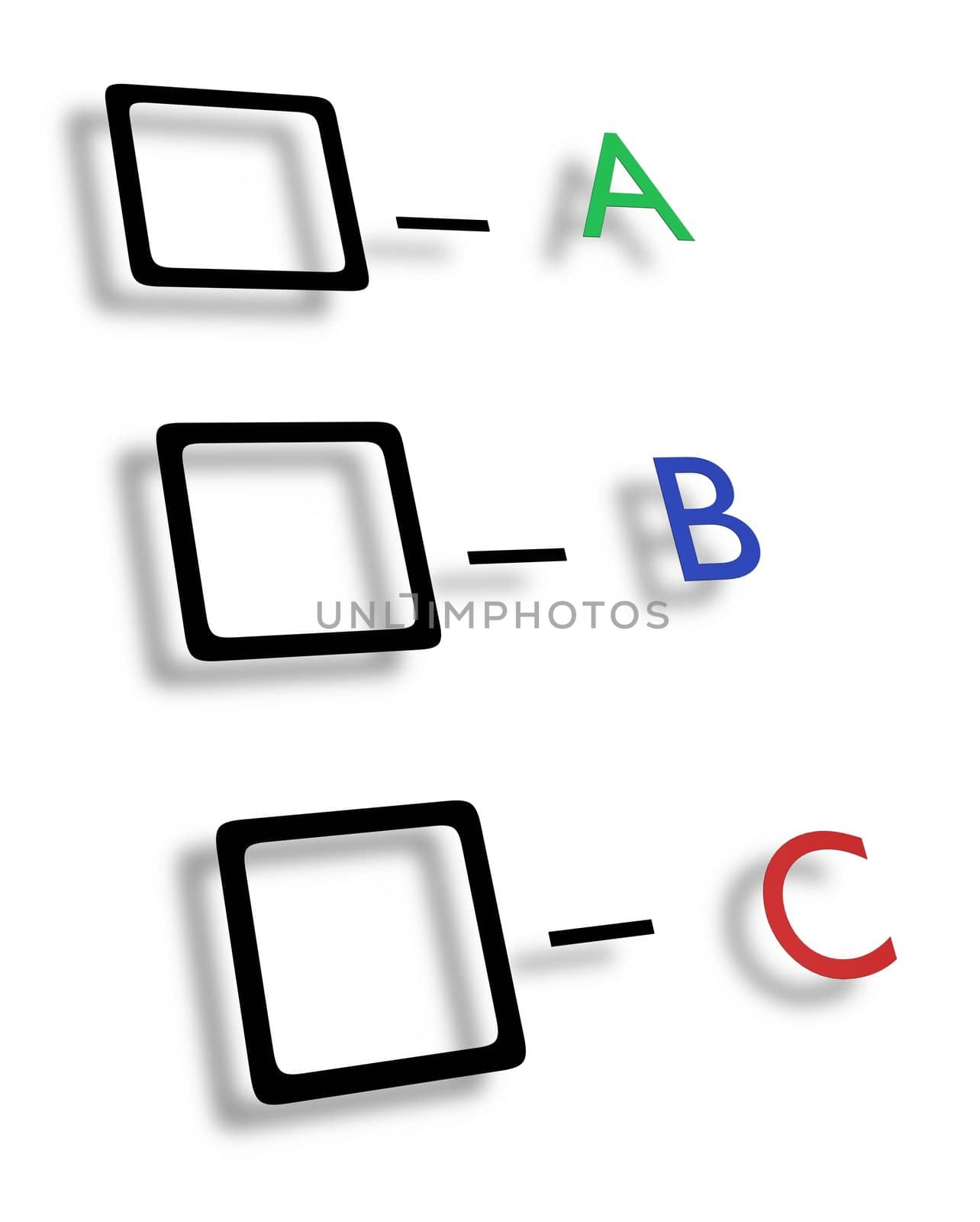 Illustrated check boxes with letters in different colours