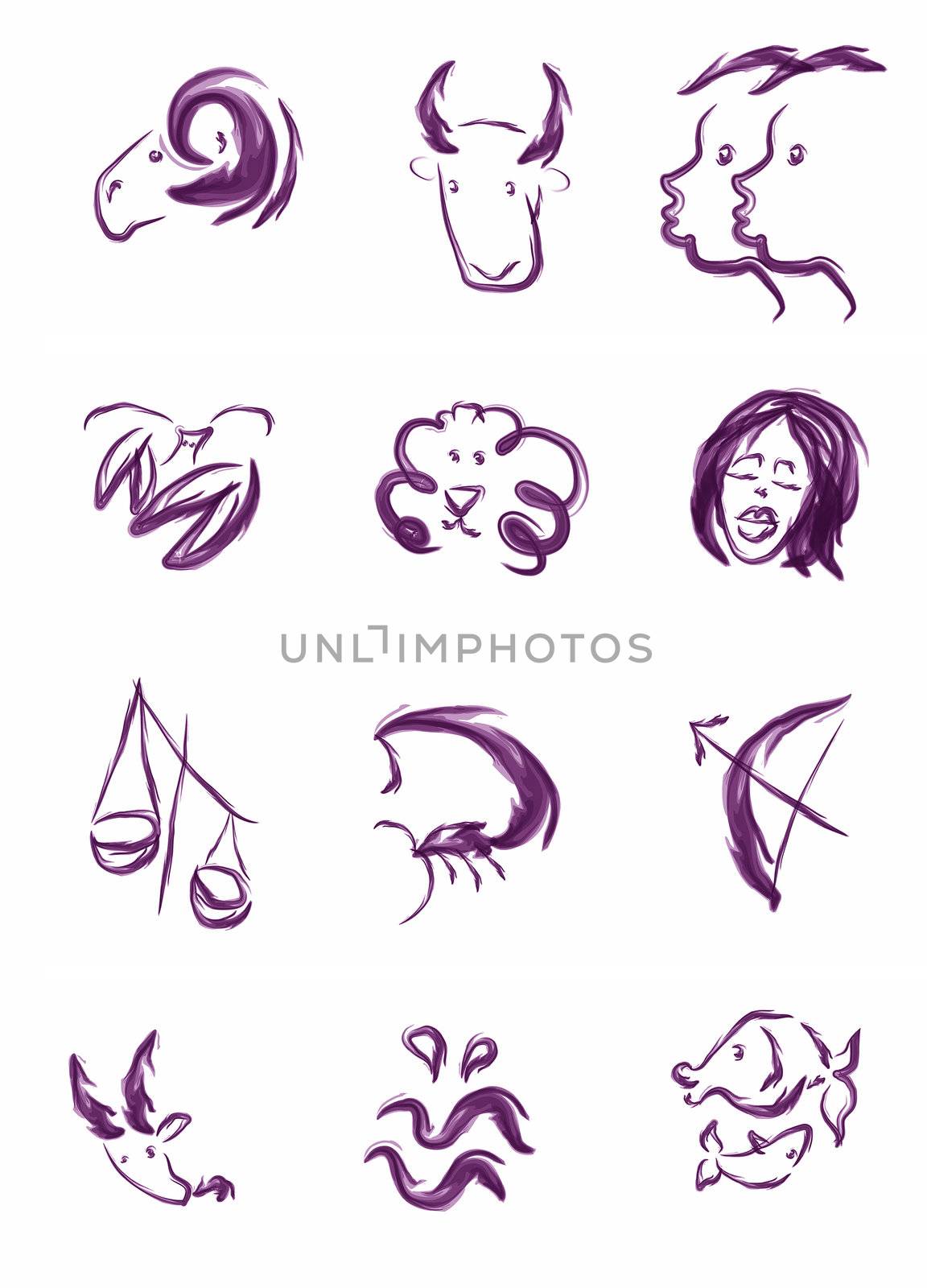 sketch illustration of all horoscope zodiac signs