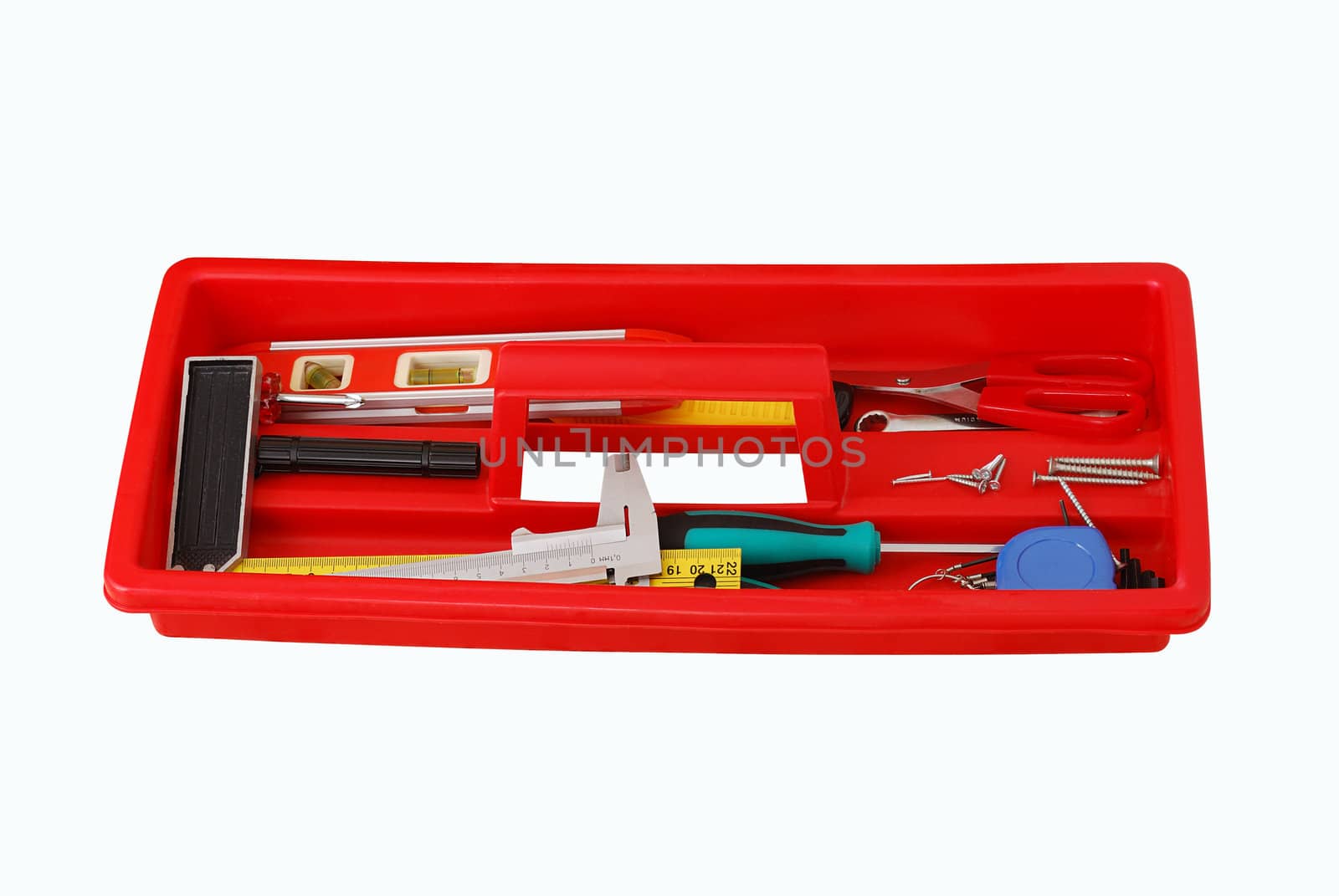 Red tray with do-it-yourself tools isolated on white background