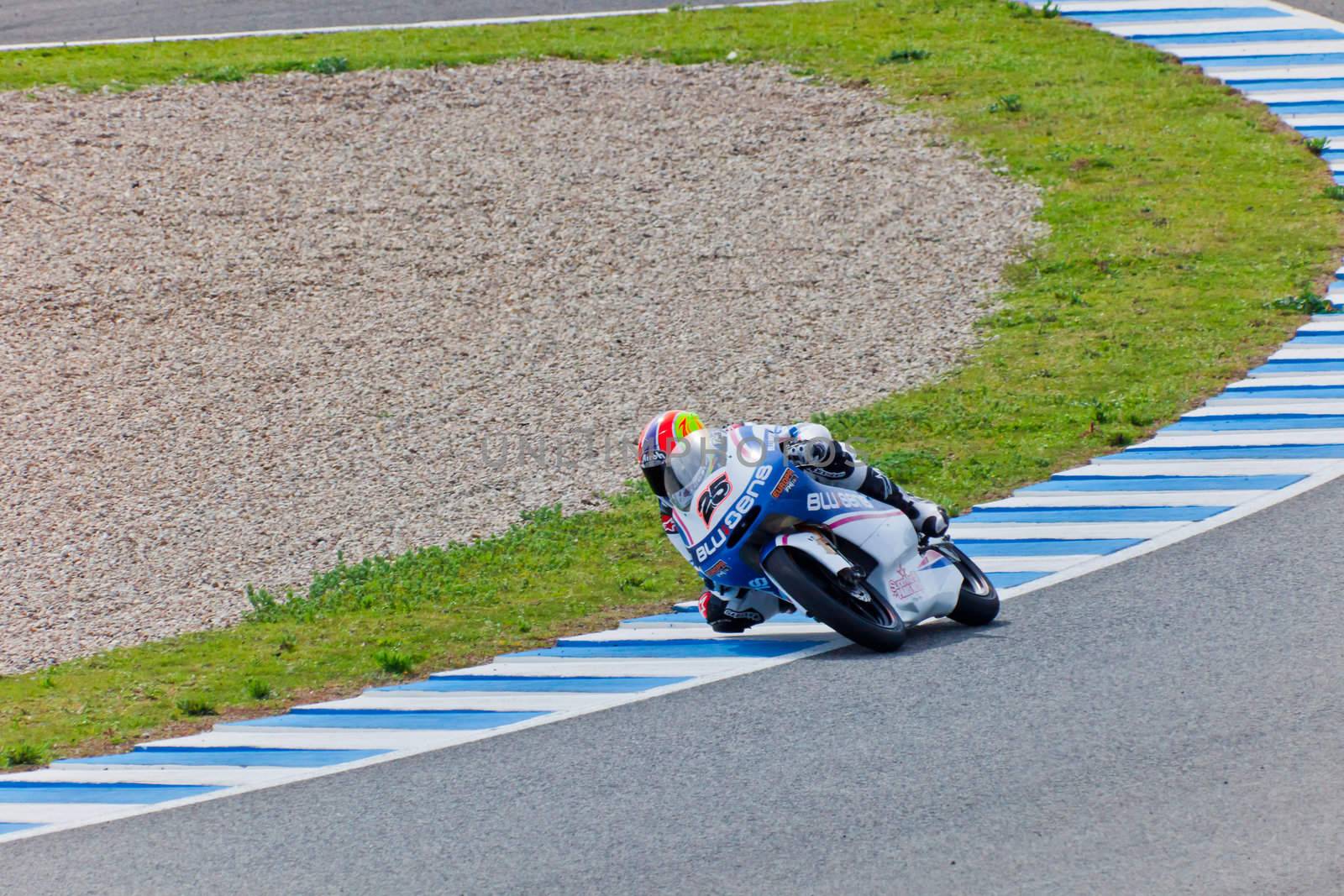 JEREZ DE LA FRONTERA, SPAIN - MAR 5: Moto2 motorcyclist Maverick Viñales takes a curve in the MotoGP Official Trainnig on Mar 5, 2011 in Jerez de la Frontera, Spain
