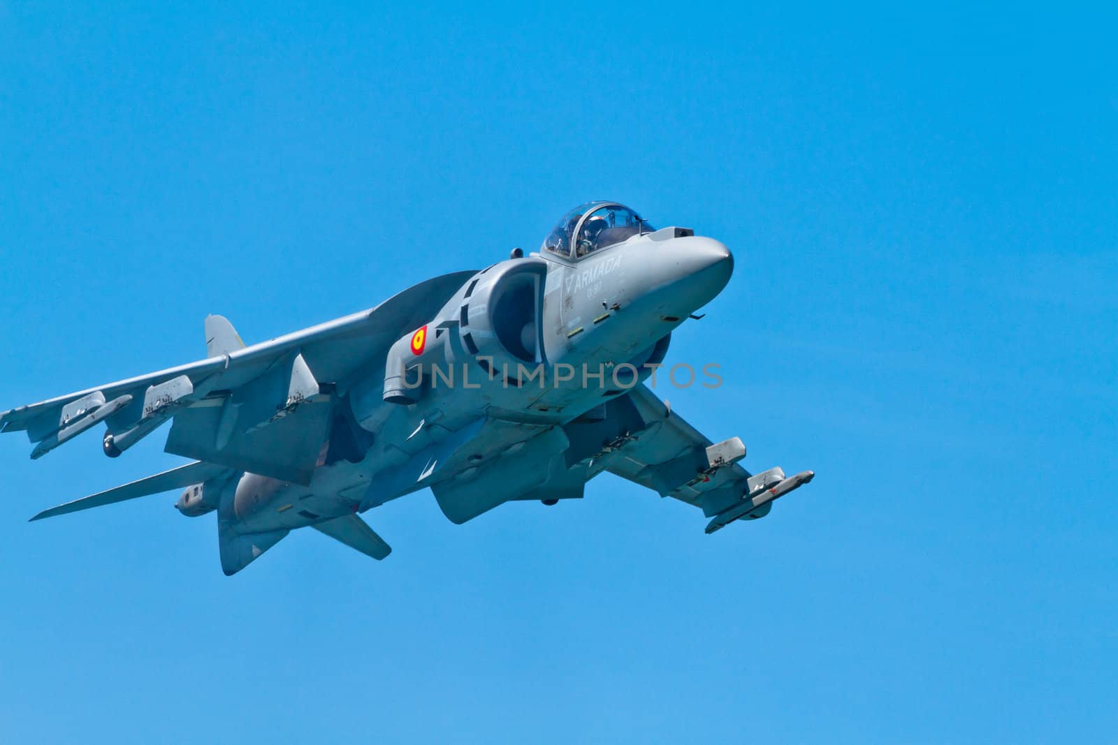 CADIZ, SPAIN-SEP 11: Aircraft AV-8B Harrier Plus taking part in an exhibition on the 4th airshow of Cadiz on Sep 11, 2011, in Cadiz, Spain
