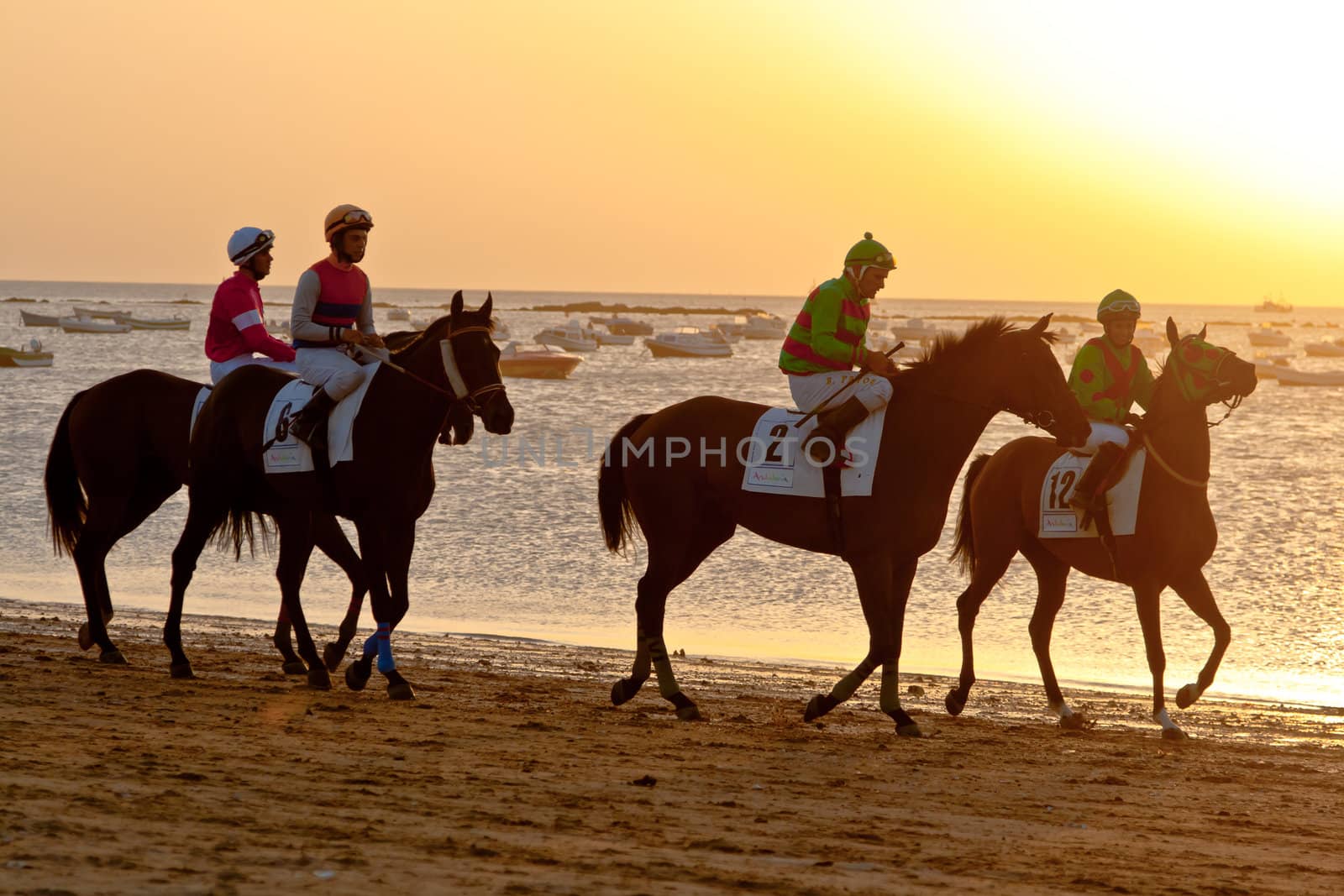 SANLUCAR DE BARRAMEDA, CADIZ, SPAIN - AUGUST 10: Unidentified riders at the start of race horses on Sanlucar de Barrameda beach on August 10, 2011 in Sanlucar de Barrameda, Cadiz, Spain.
