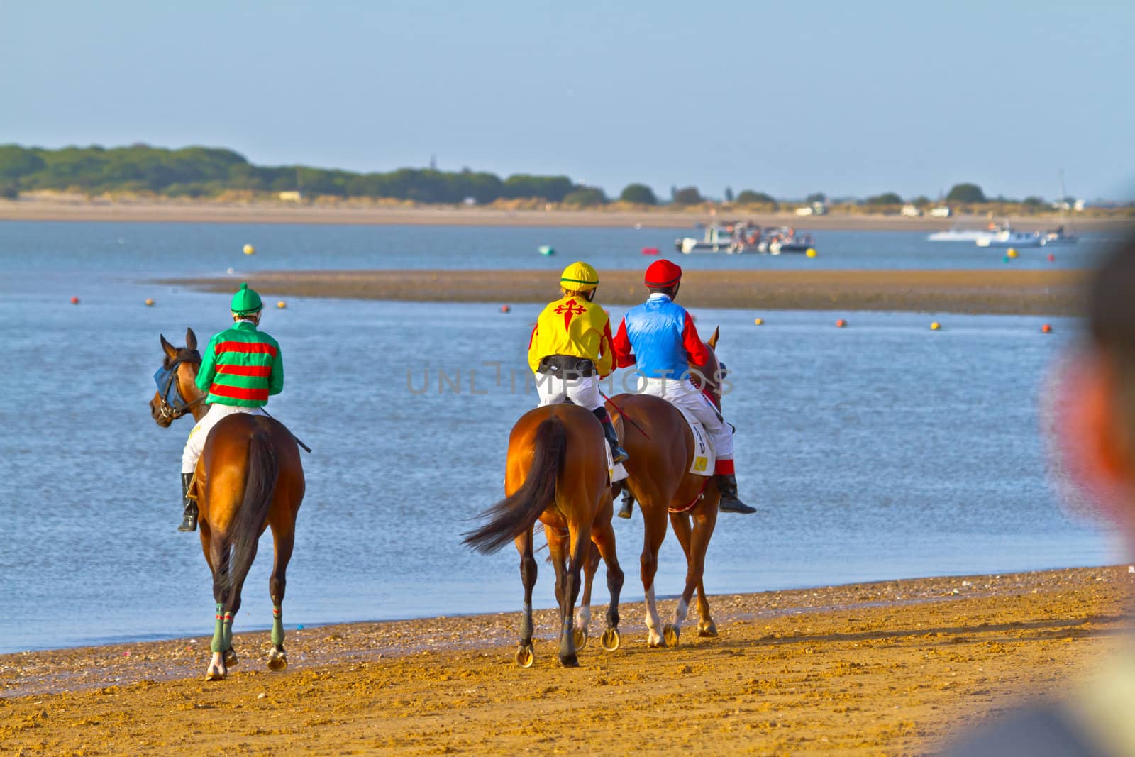 SANLUCAR DE BARRAMEDA, CADIZ, SPAIN - AUGUST 10: Unidentified riders at the start of race horses on Sanlucar de Barrameda beach on August 10, 2011 in Sanlucar de Barrameda, Cadiz, Spain.
