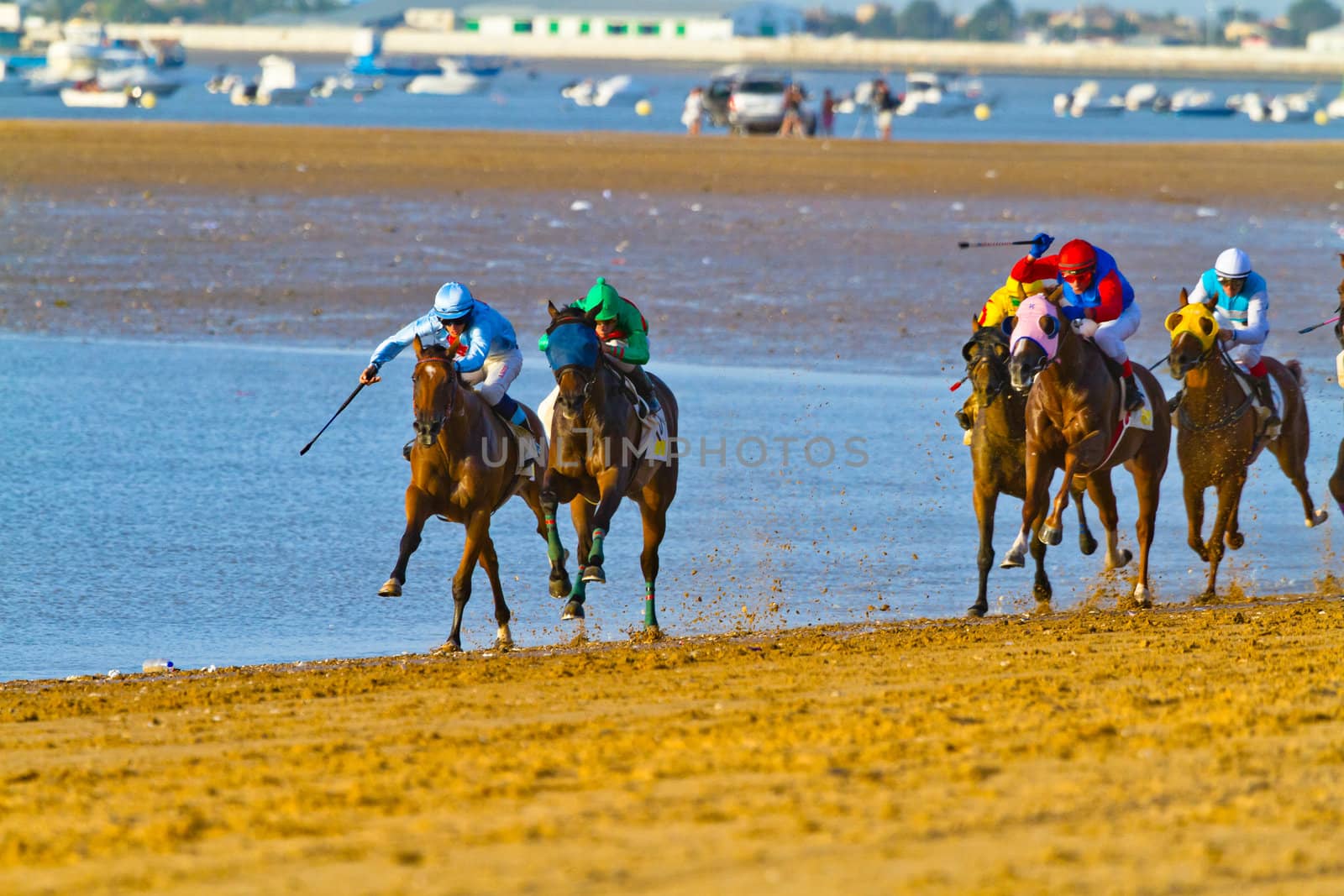 SANLUCAR DE BARRAMEDA, CADIZ, SPAIN - AUGUST 10: Unidentified riders race horses on Sanlucar de Barrameda beach on August 10, 2011 in Sanlucar de Barrameda, Cadiz, Spain.