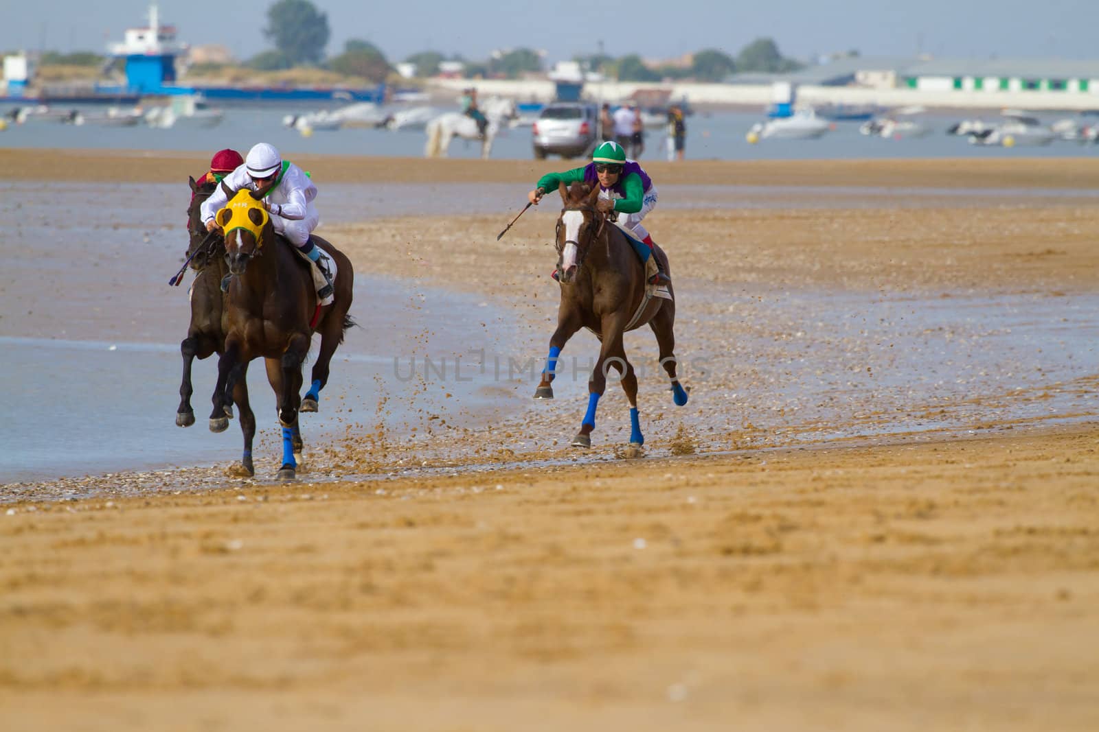 SANLUCAR DE BARRAMEDA, CADIZ, SPAIN - AUGUST 11: Unidentified riders race horses on Sanlucar de Barrameda beach on August 11, 2011 in Sanlucar de Barrameda, Cadiz, Spain.
