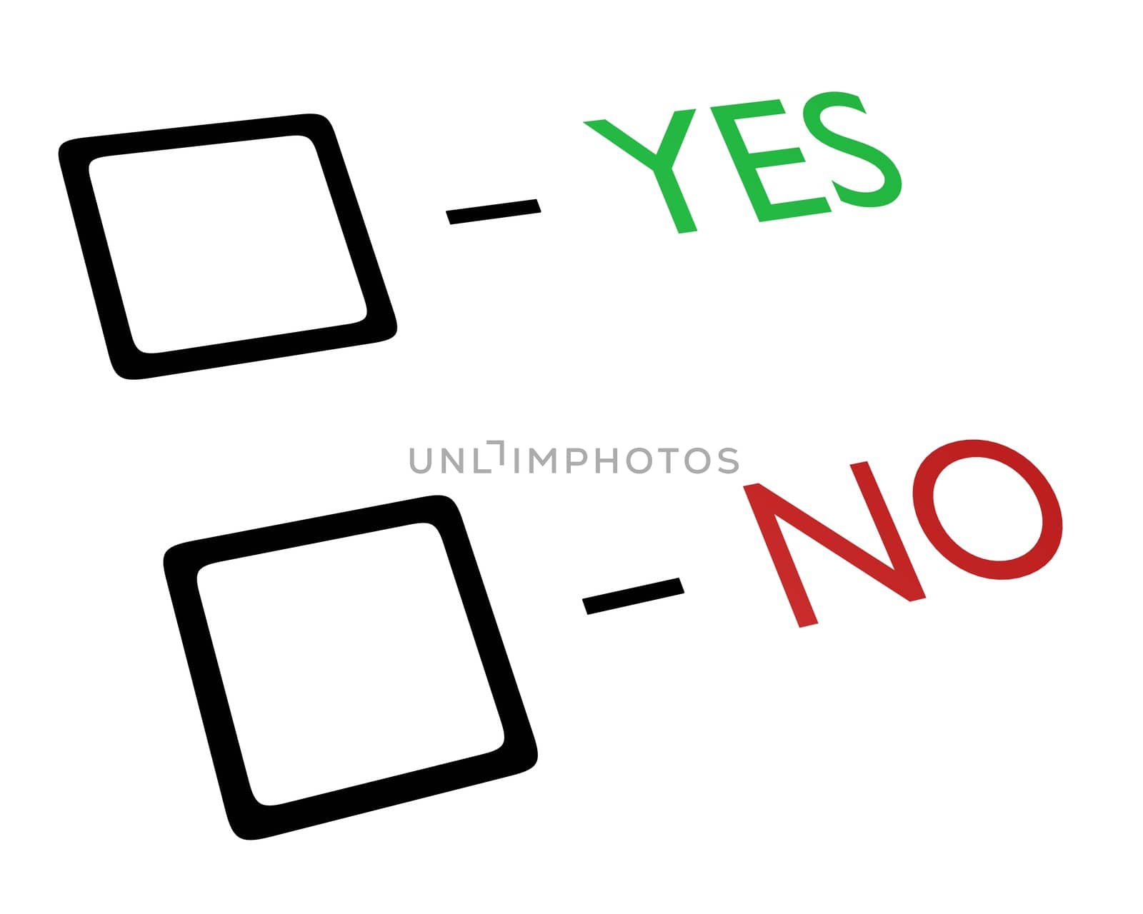 Tick boxes with yes and no text written in green and red