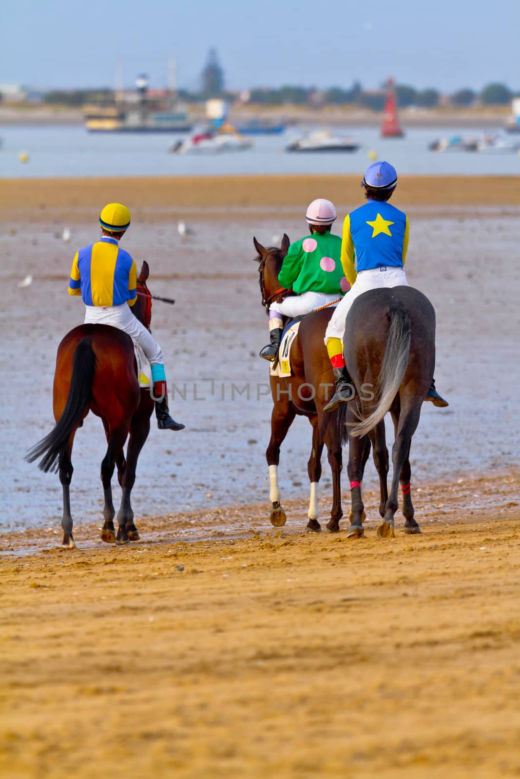 SANLUCAR DE BARRAMEDA, CADIZ, SPAIN - AUGUST 11: Unidentified riders at the start of race horses on Sanlucar de Barrameda beach on August 11, 2011 in Sanlucar de Barrameda, Cadiz, Spain.