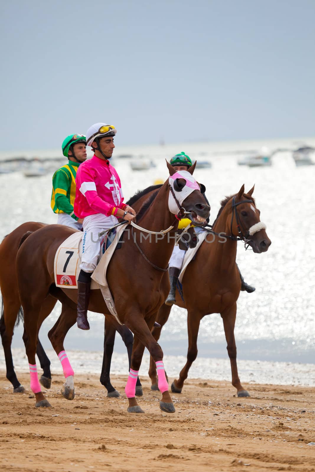 SANLUCAR DE BARRAMEDA, CADIZ, SPAIN - AUGUST 07: Unidentified riders at the start of race horses on Sanlucar de Barrameda beach on  August 07, 2010 in Sanlucar de Barrameda, Cadiz, Spain.