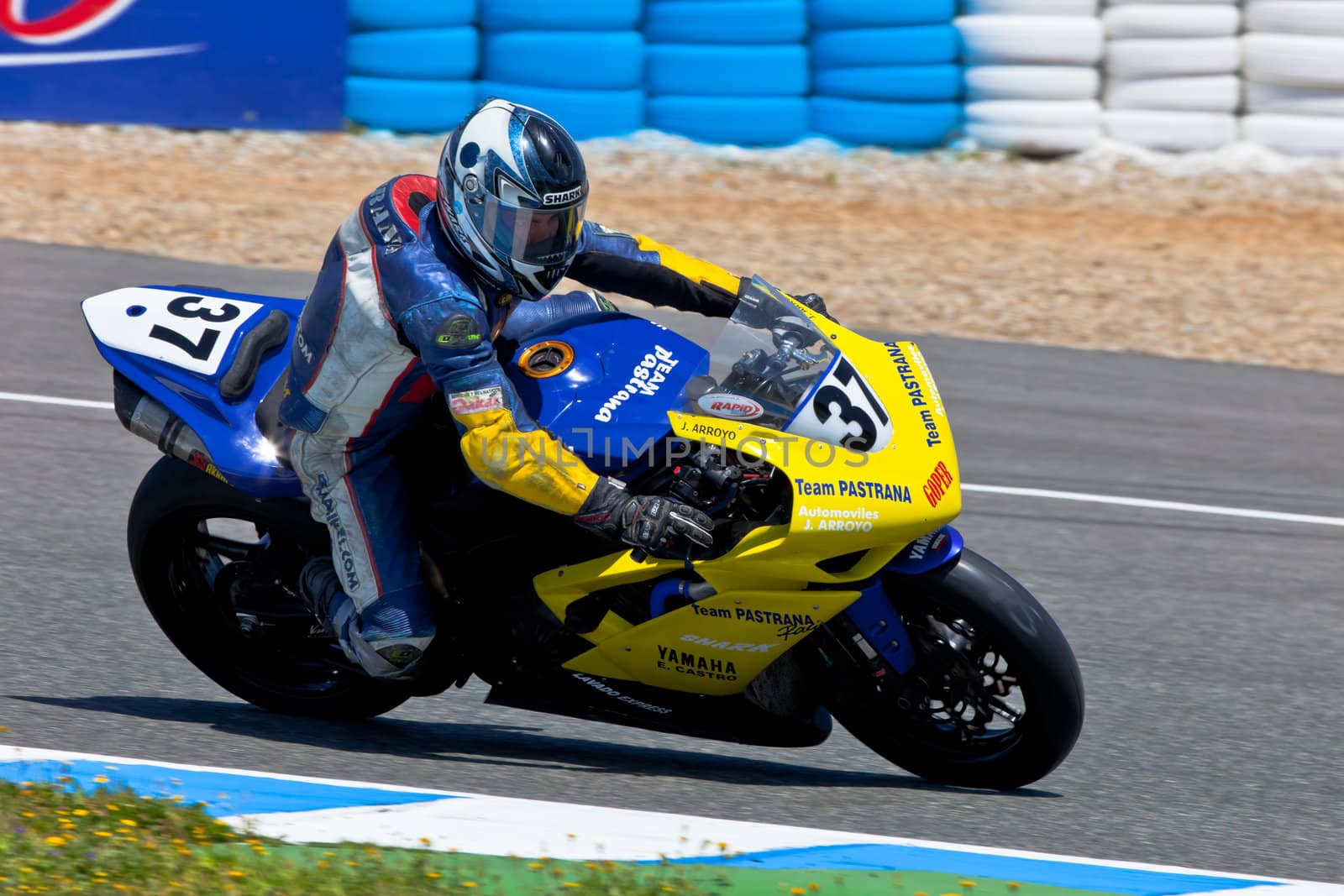 JEREZ DE LA FRONTERA, SPAIN - APR 17: Stock Extreme motorcyclist Jorge Arroyo takes a curve in the CEV Championship race on April 17, 2011 in Jerez de la Frontera, Spain