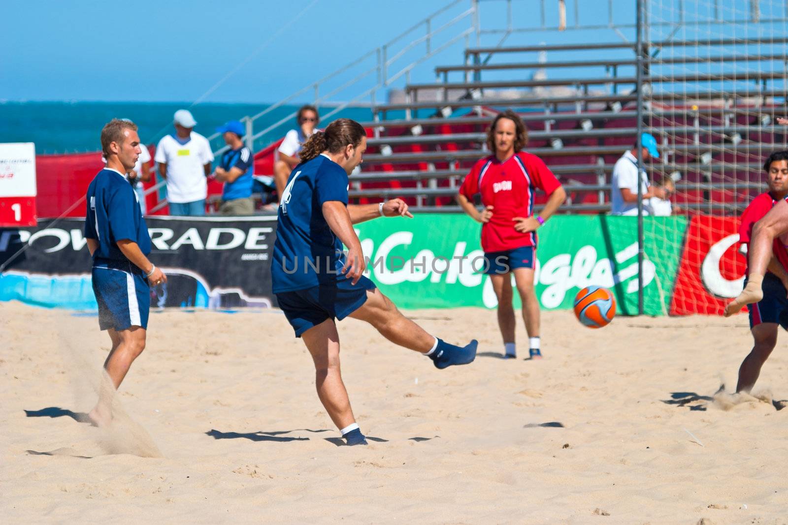 CADIZ, SPAIN -  JUL 30:  Unknown players of the team of Cadiz and Gijon playing the Spanish Championship of Beach Soccer on Jul 30, 2005 on the beach of La Victoria in Cadiz, Spain