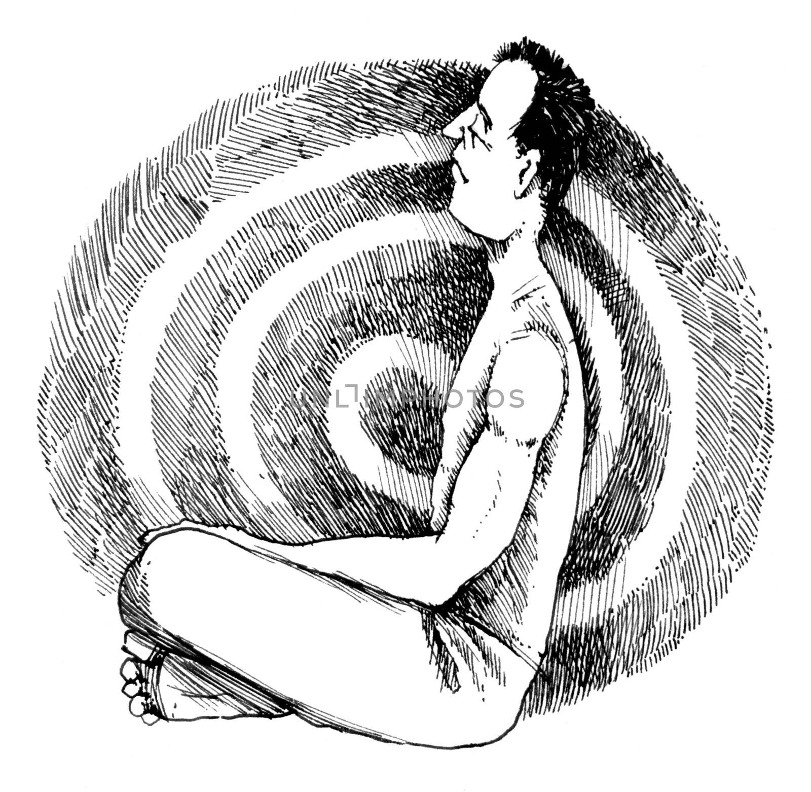 drawing sketch illustration of meditating man