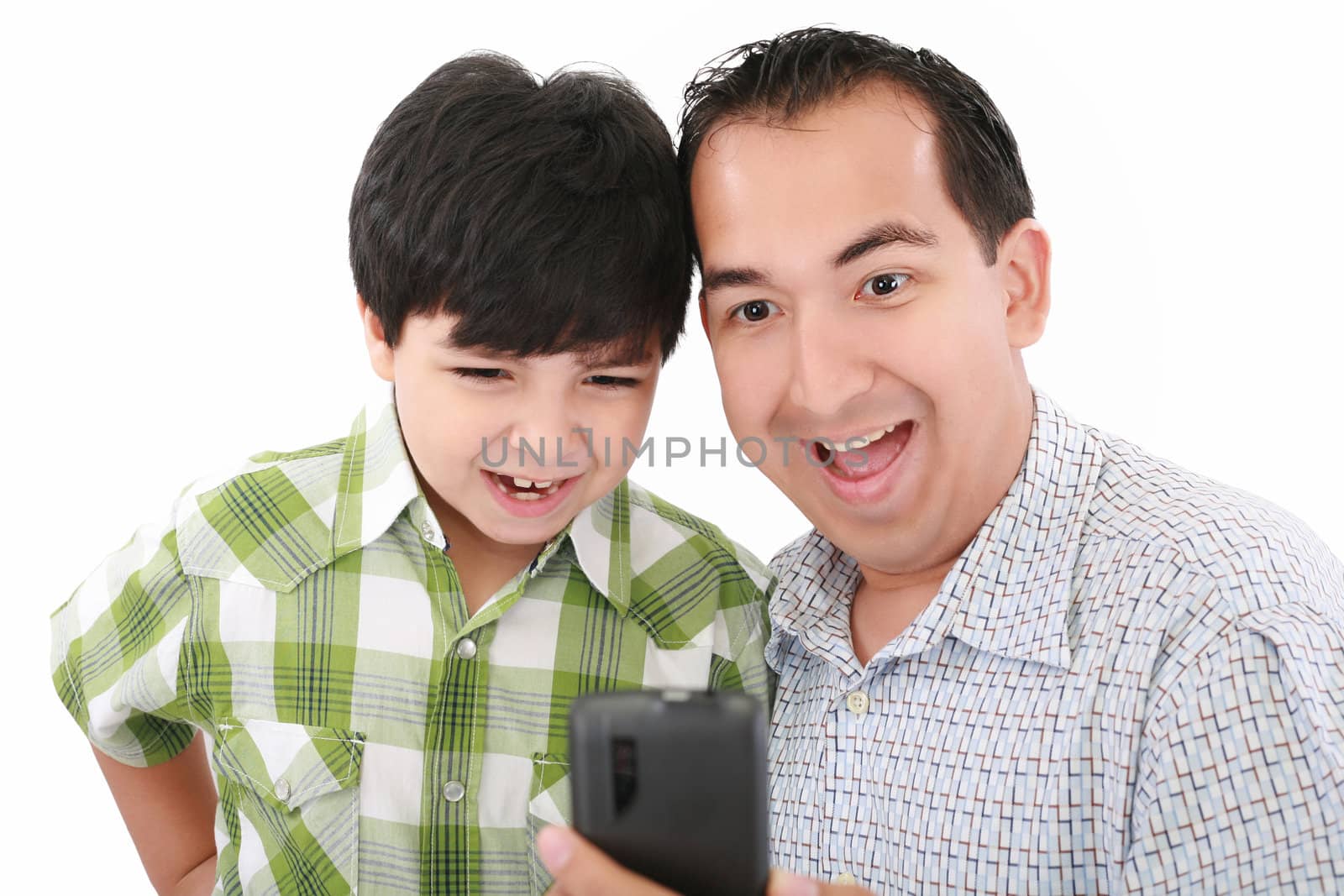 Young father and son was surprised, having read on mobile phone by dacasdo
