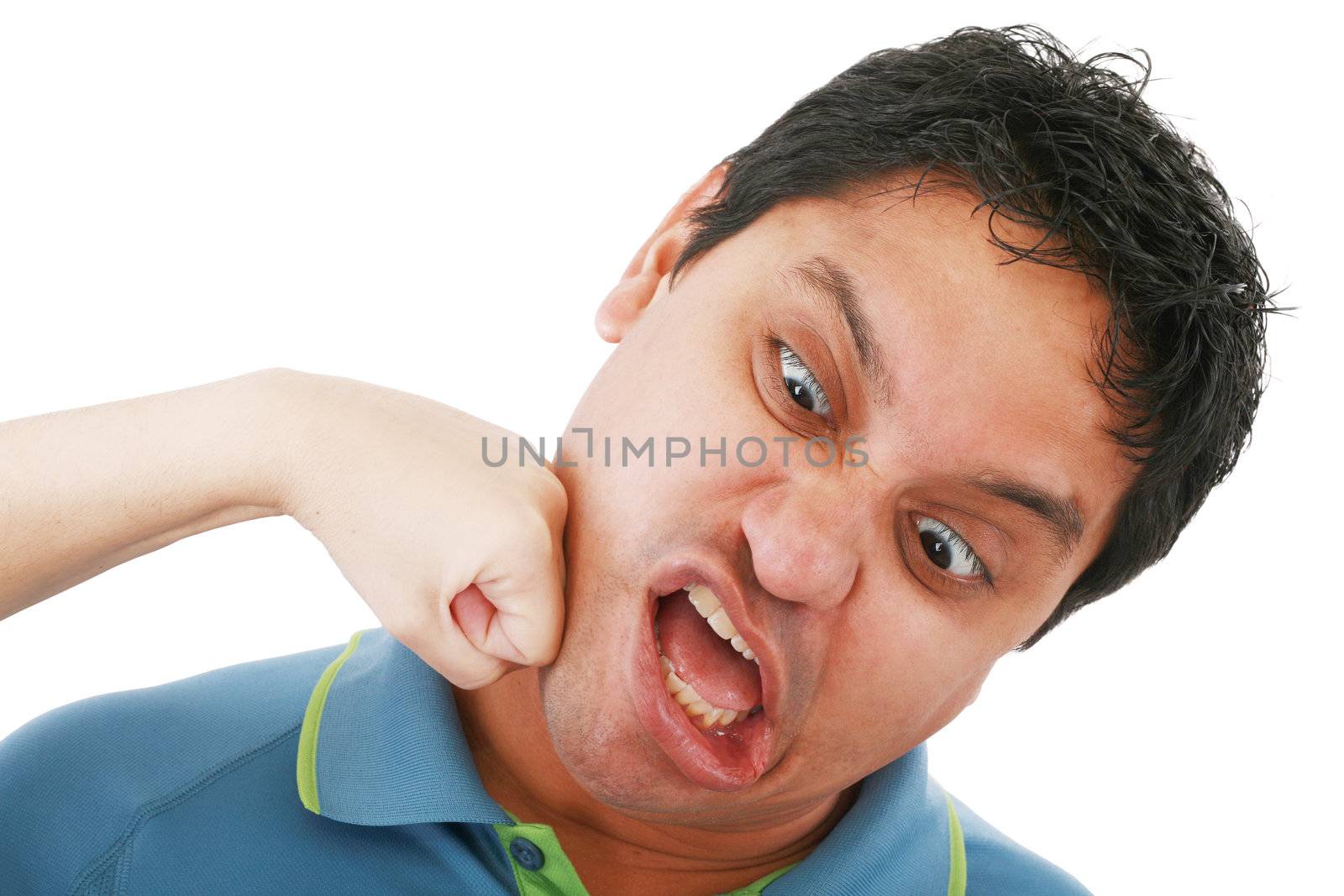 portrait of young woman punching other young man on a white background