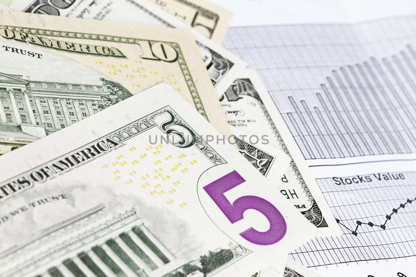 Background of american dollar bills of several values and bussiness background.