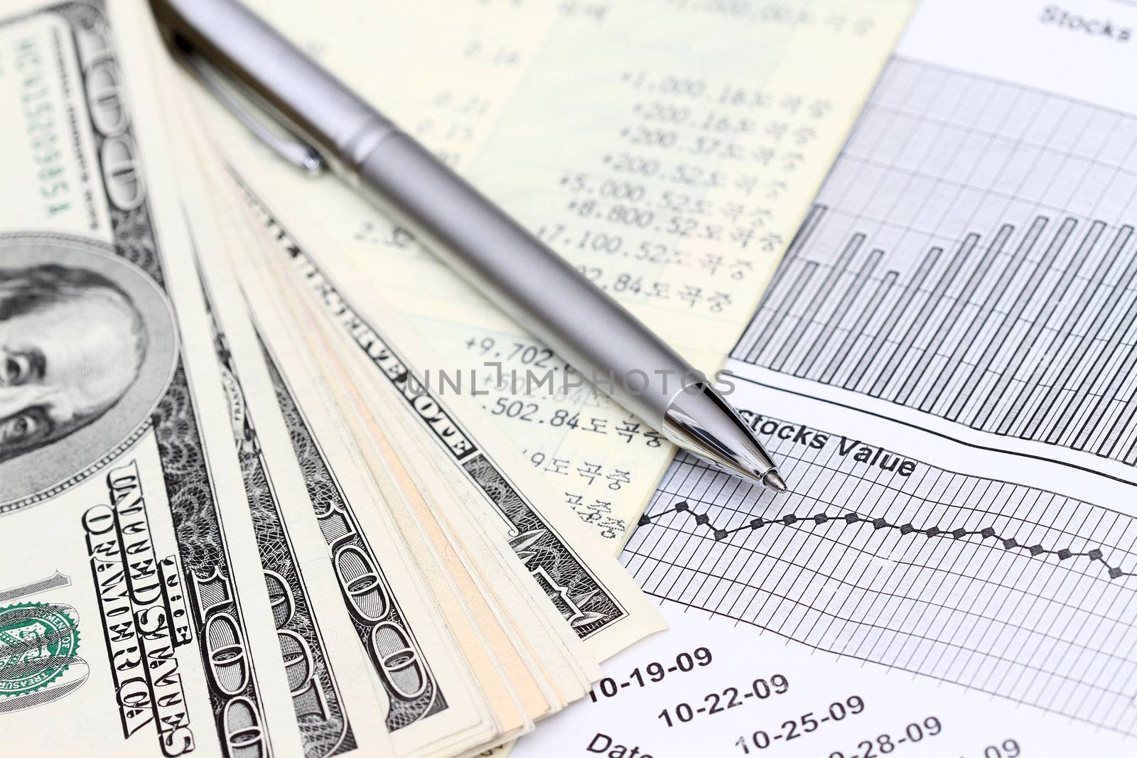 account statements with dollars and stocks graph.