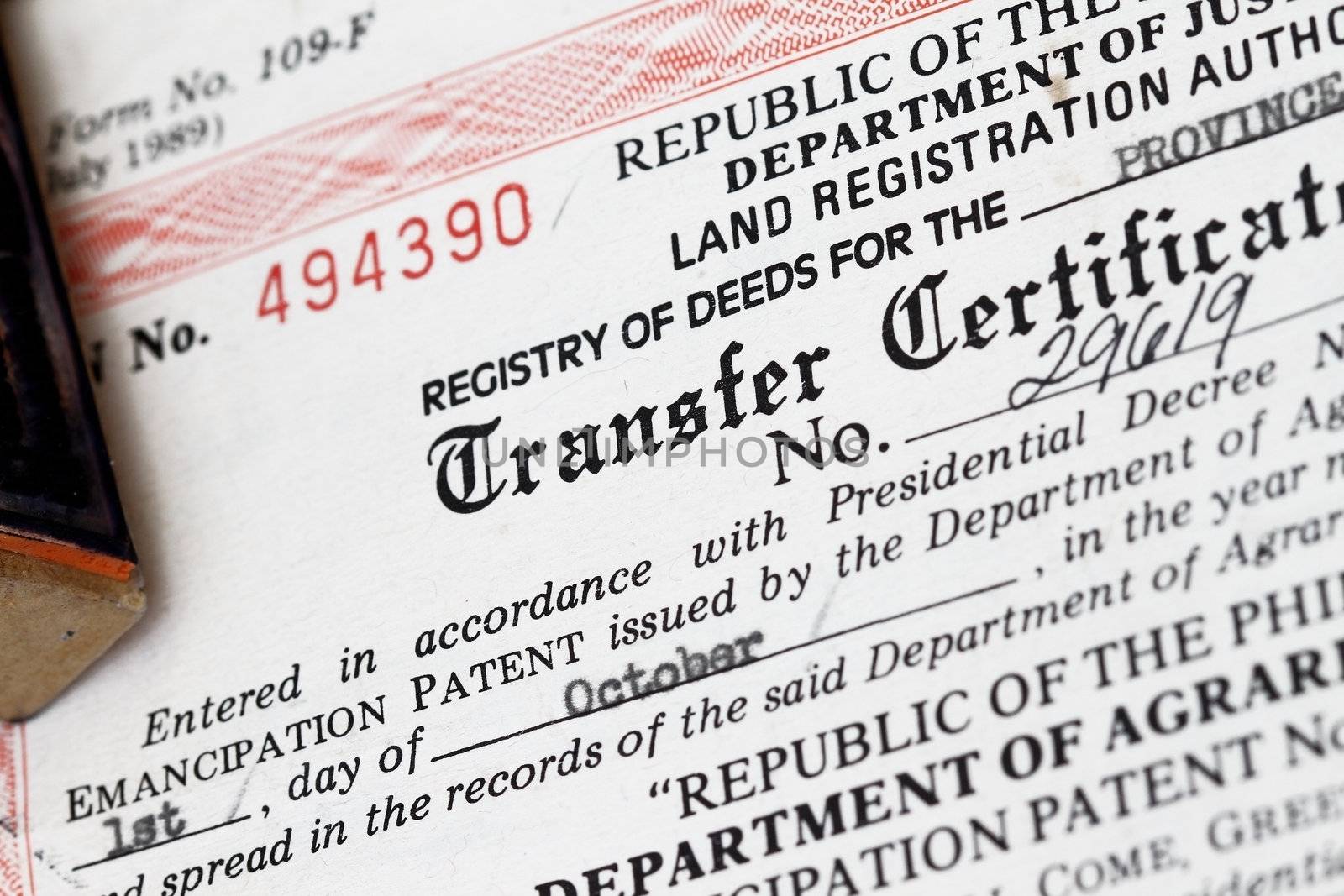Transfer Certificate of Title - concept for register of deeds, sale or property.