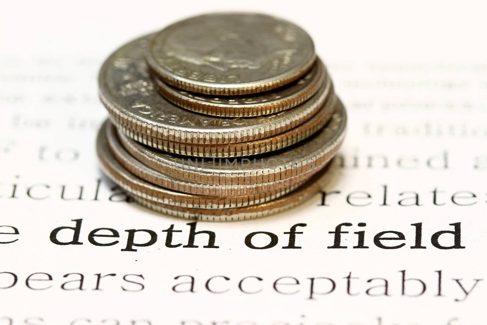 coins and text demonstration of dof (depth of field).  Note: Shallow depth of field