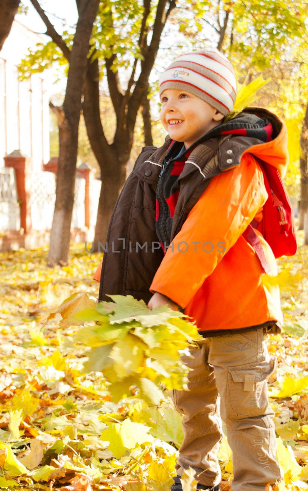 Boy playing with leaves at fall time by AndreyKr