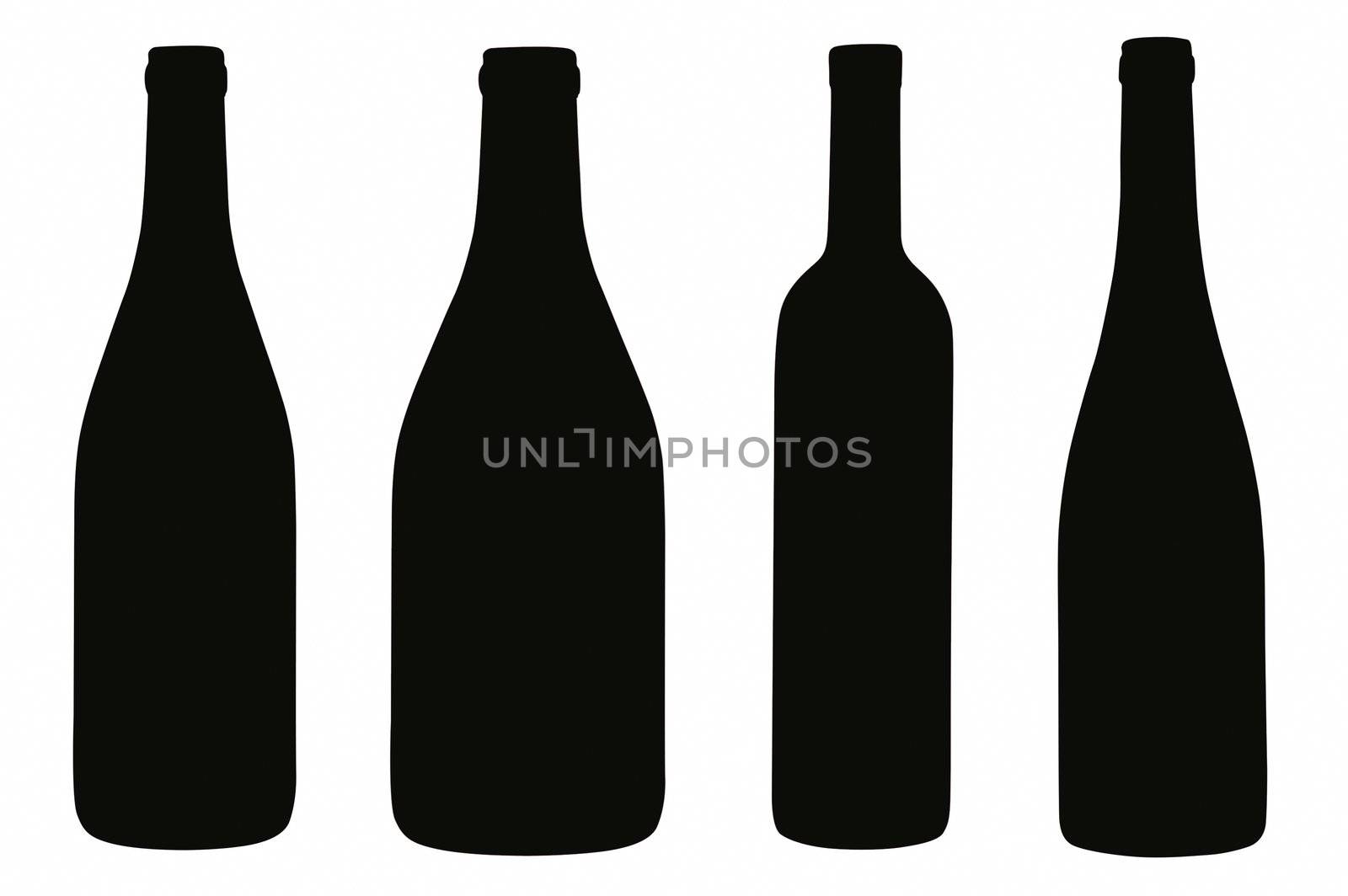 Isolated abstract four black bottles, on white background
