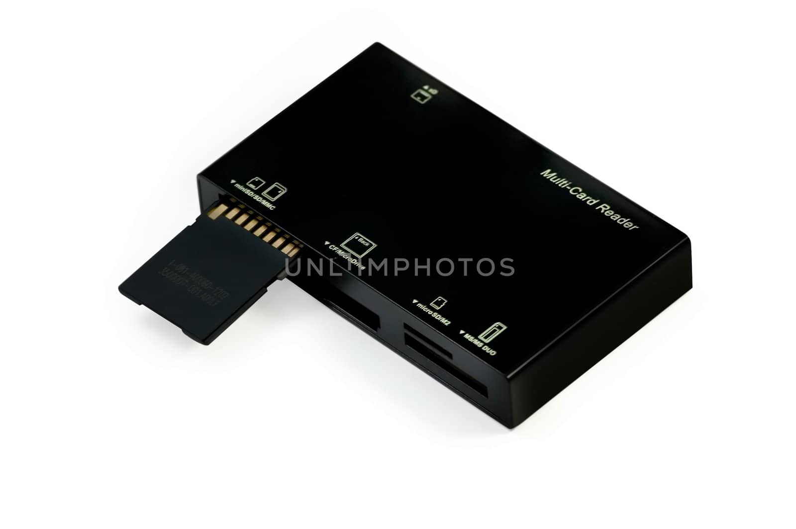 USB multi card reader with flash card, isolated on a white background.