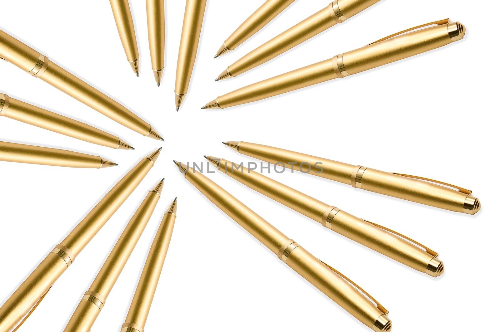 Gold pens on white background