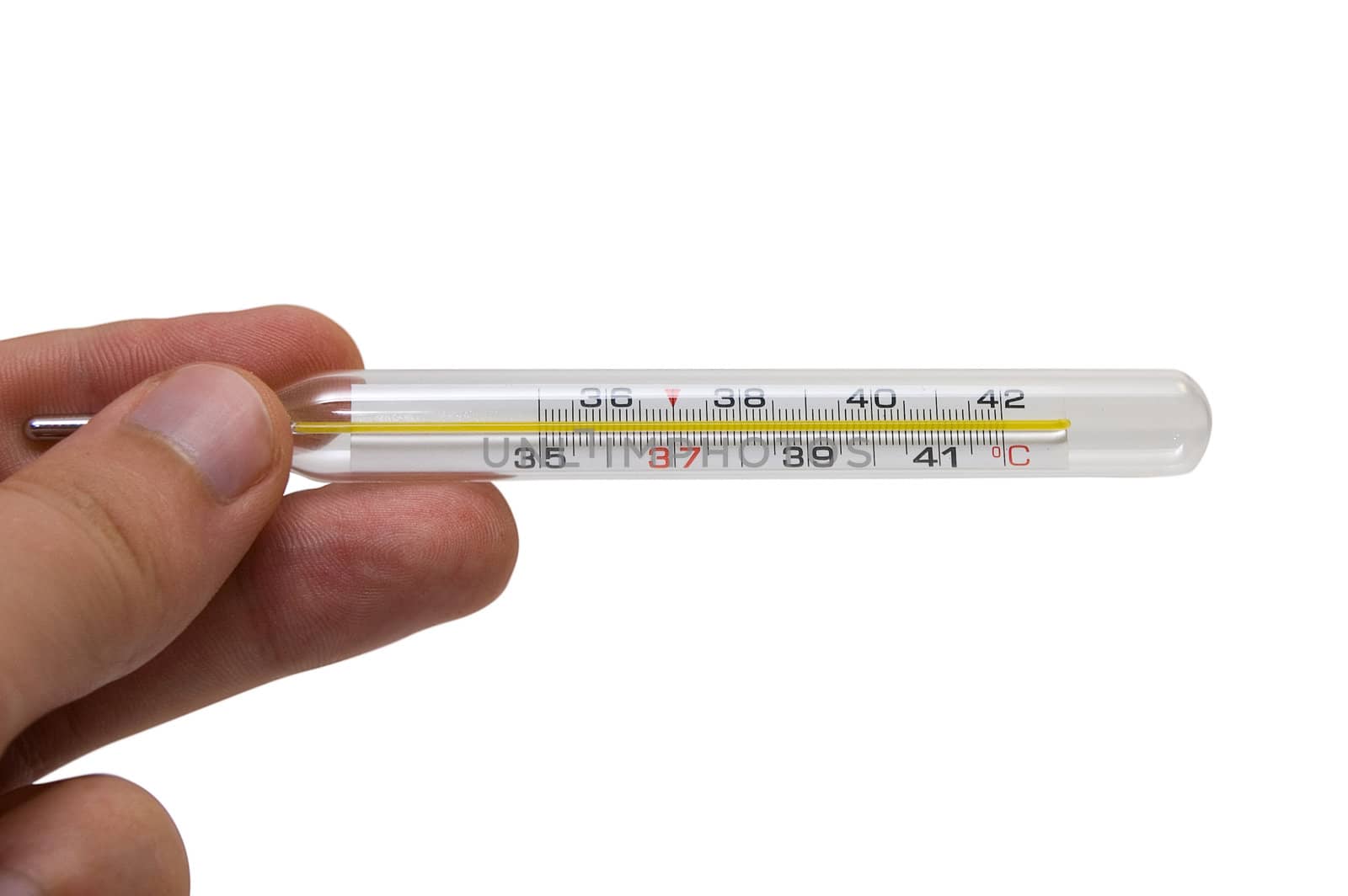 Hand with thermometer on white background