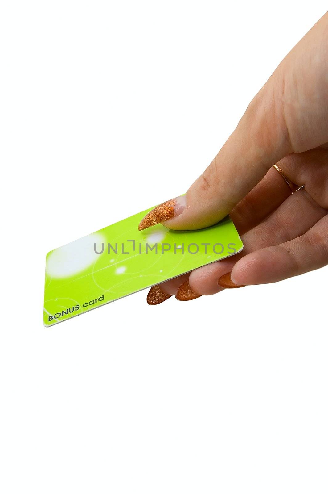 Female hand hold bonus card on white