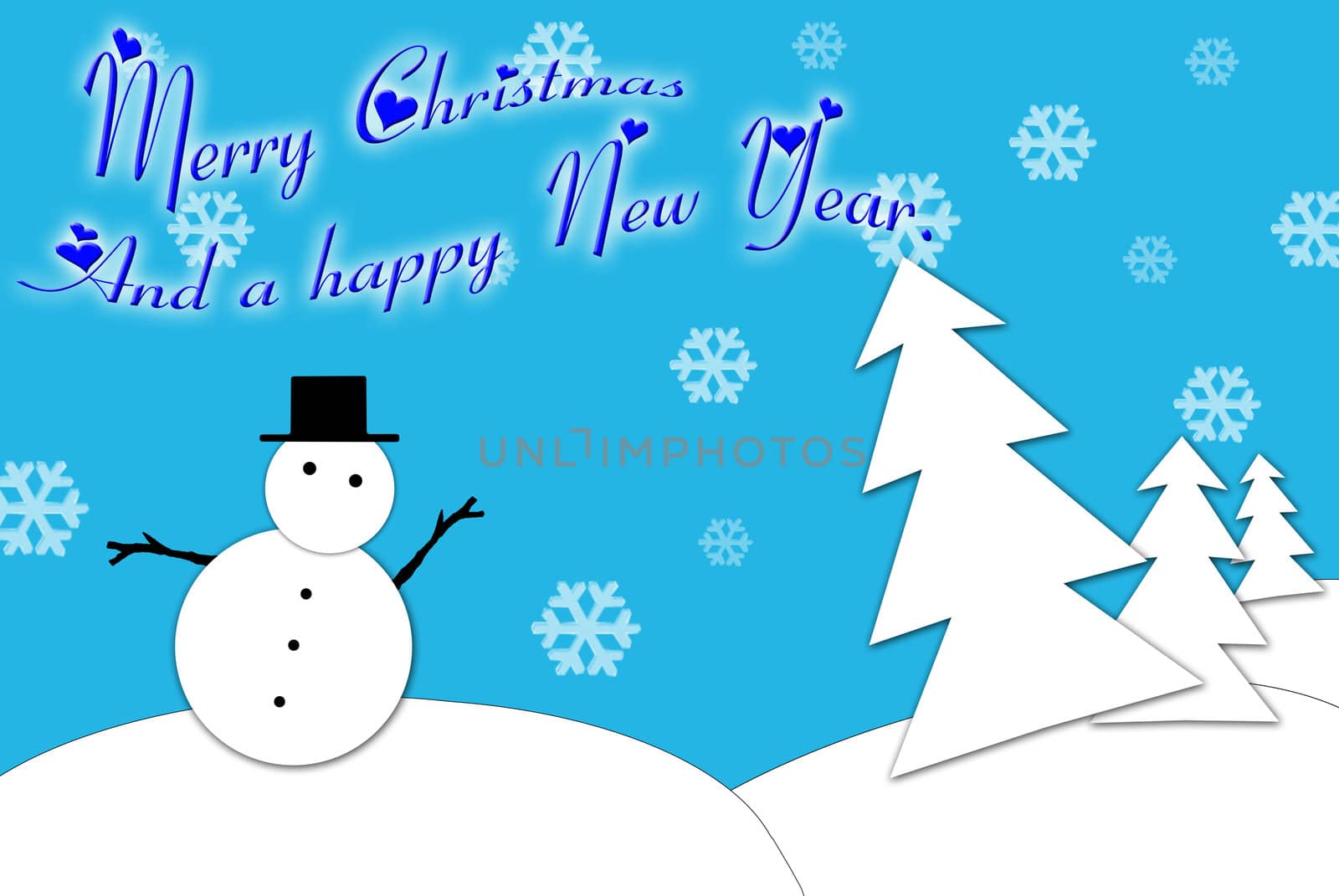 Christmas card with a snowman and a decorated tree in blue and white.