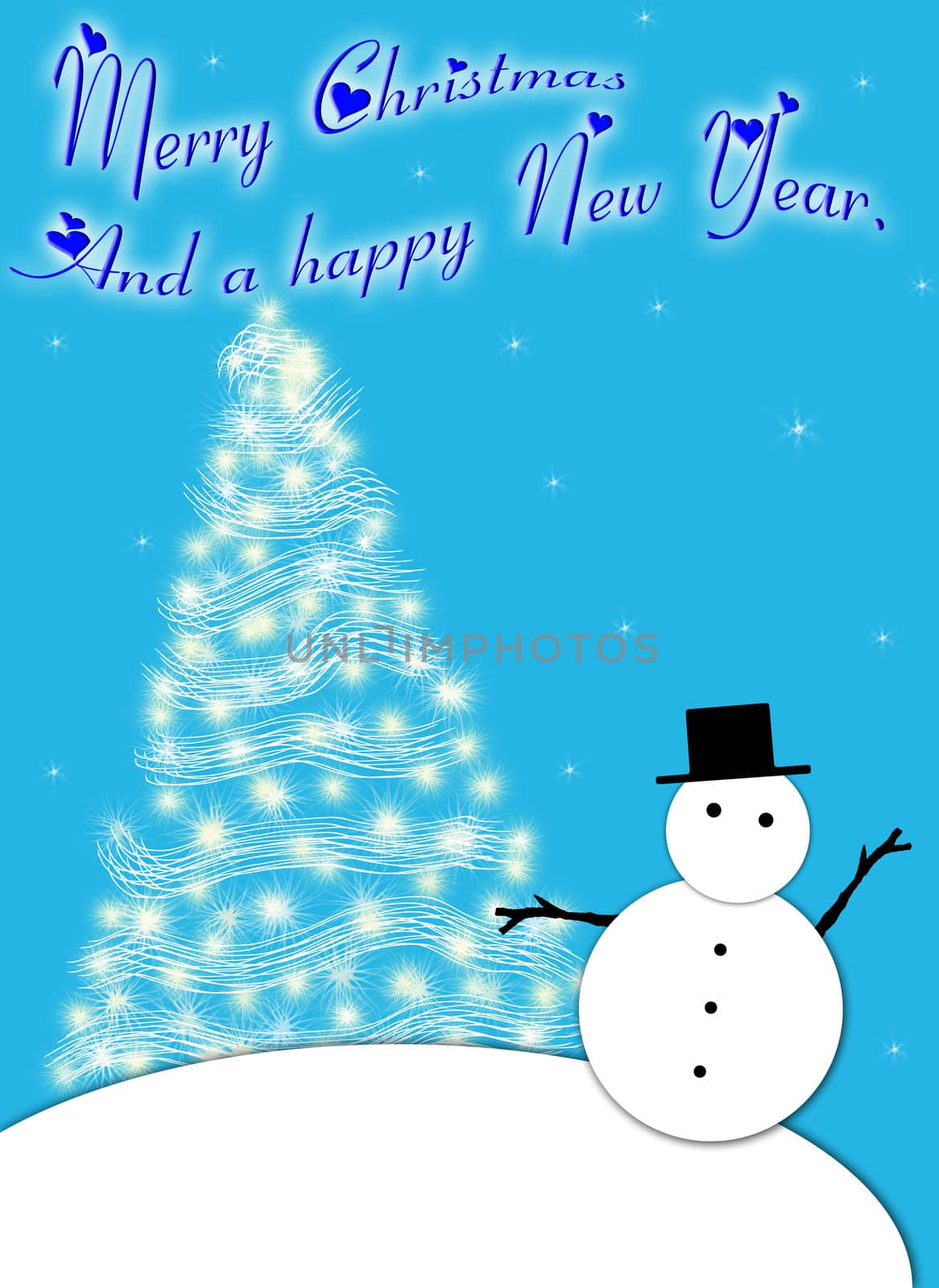 Christmas card with a snowman and a decorated tree in blue and white.