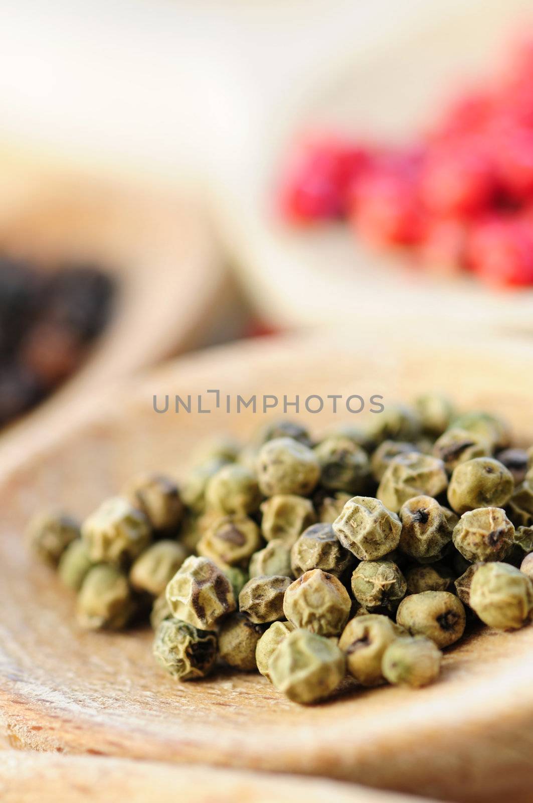 Assorted colorful peppercorns in wooden cooking spoons macro