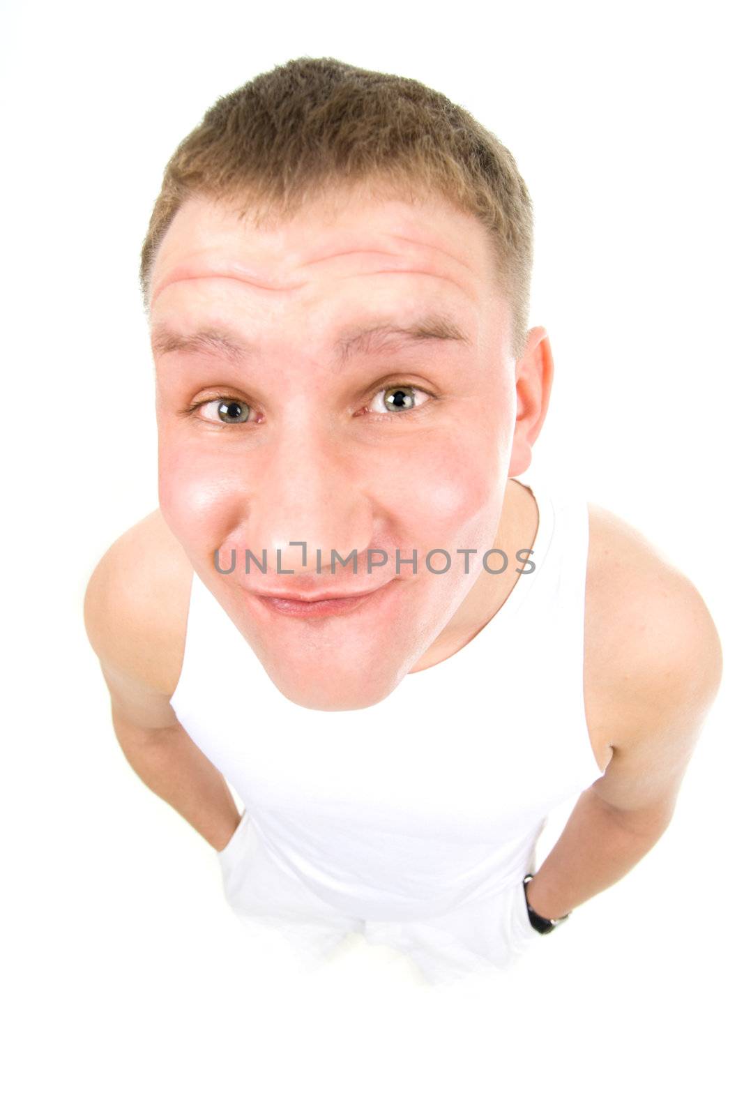 Man with funny face through fisheye lens