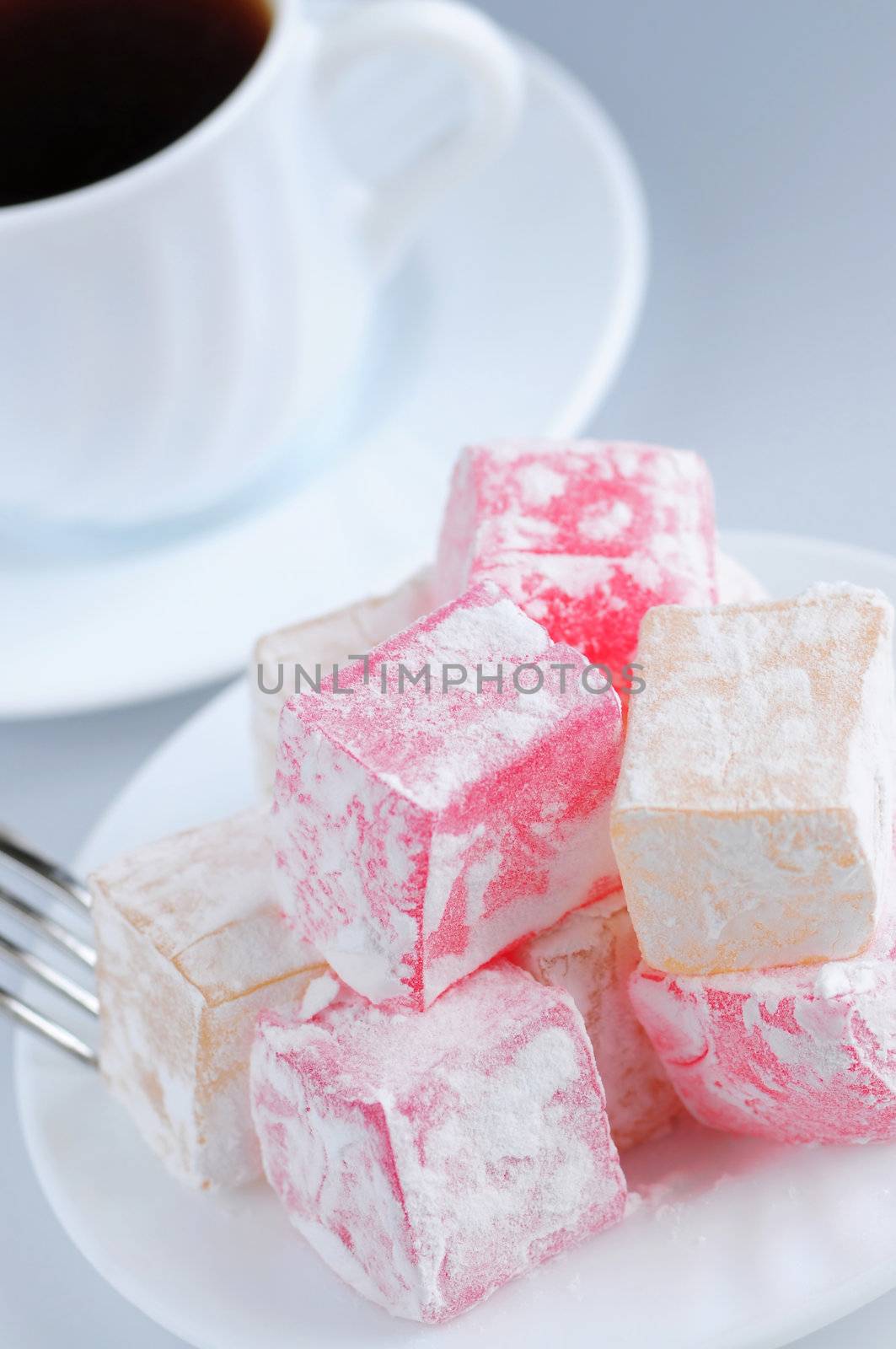 Turkish delight (lokum) confection with black coffee