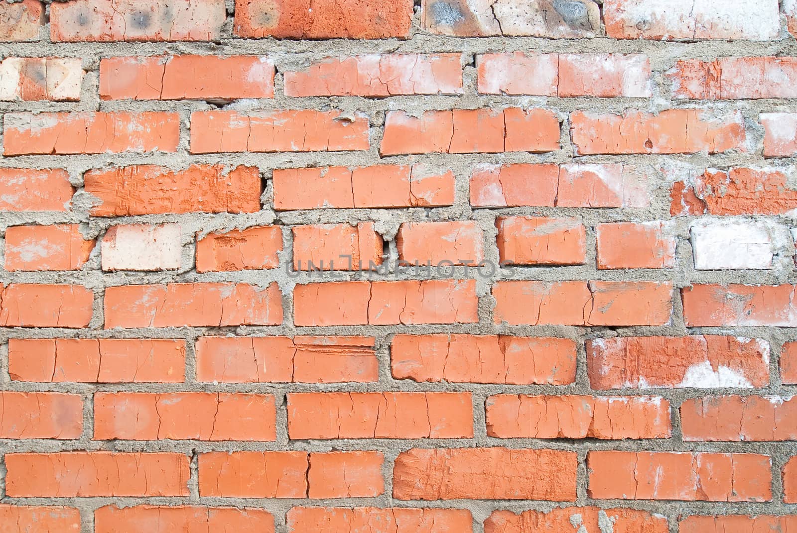 red brick wall with cracks and gray smudges