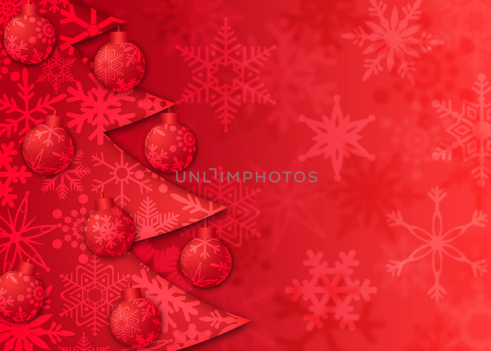 Christmas Tree with Ornaments and Snowflakes Pattern on Red Blurred Background