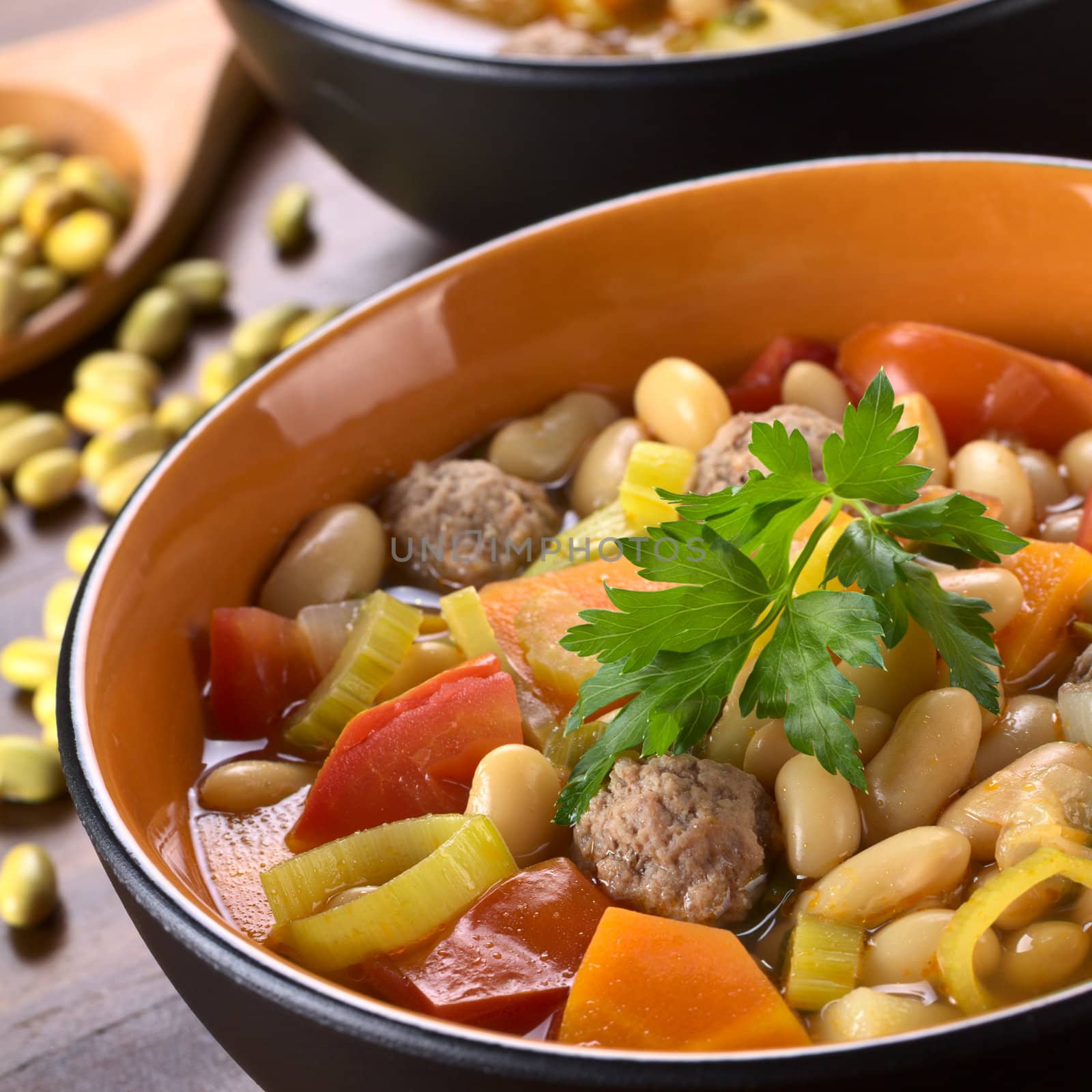 Canary bean soup with meatballs and other vegetables garnished with a parsley leaf (Selective Focus, Focus on the meatball in the front and the front of the parsley) 