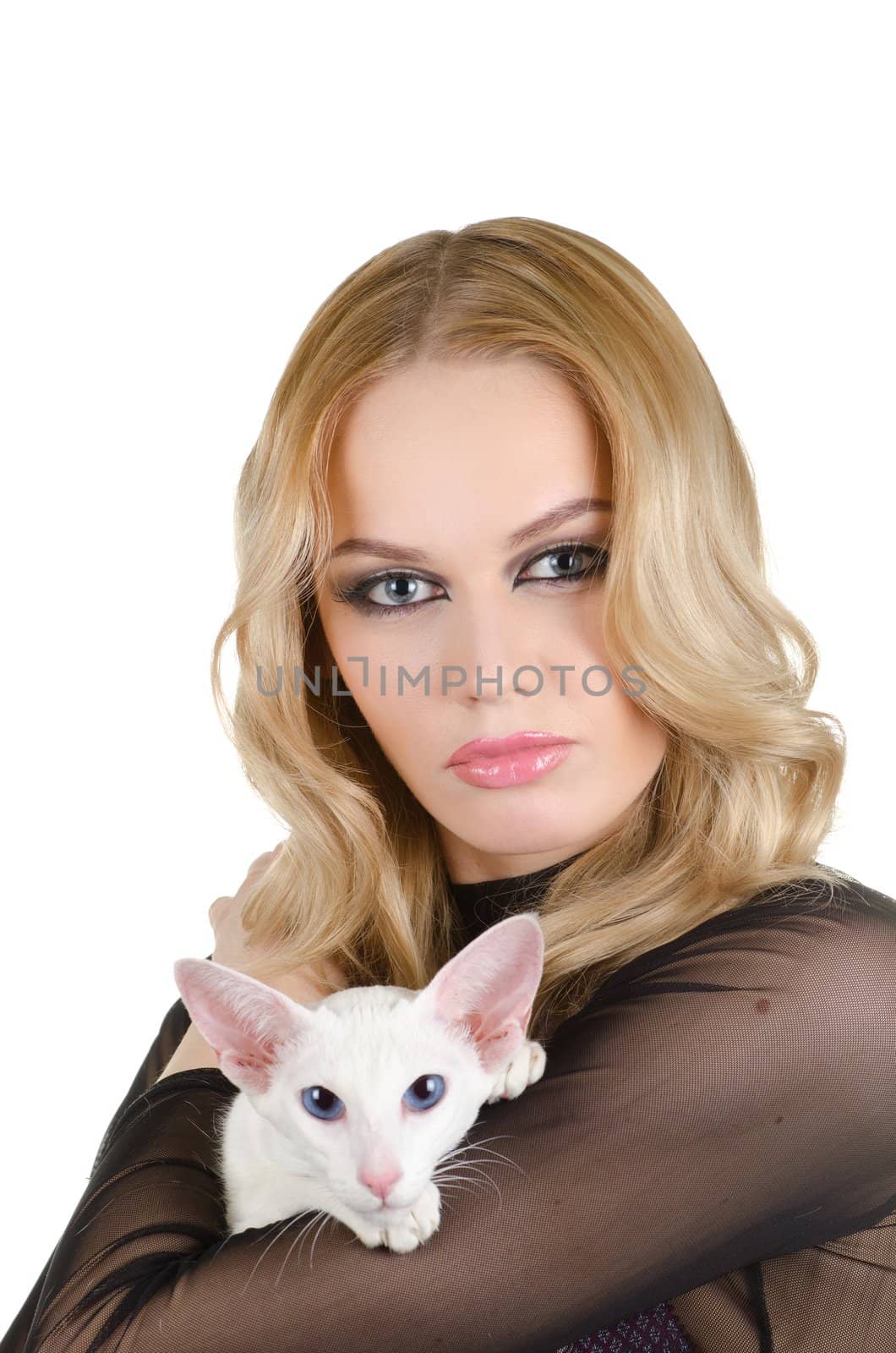 beauty young blond woman with oriental shorthair cat on a white