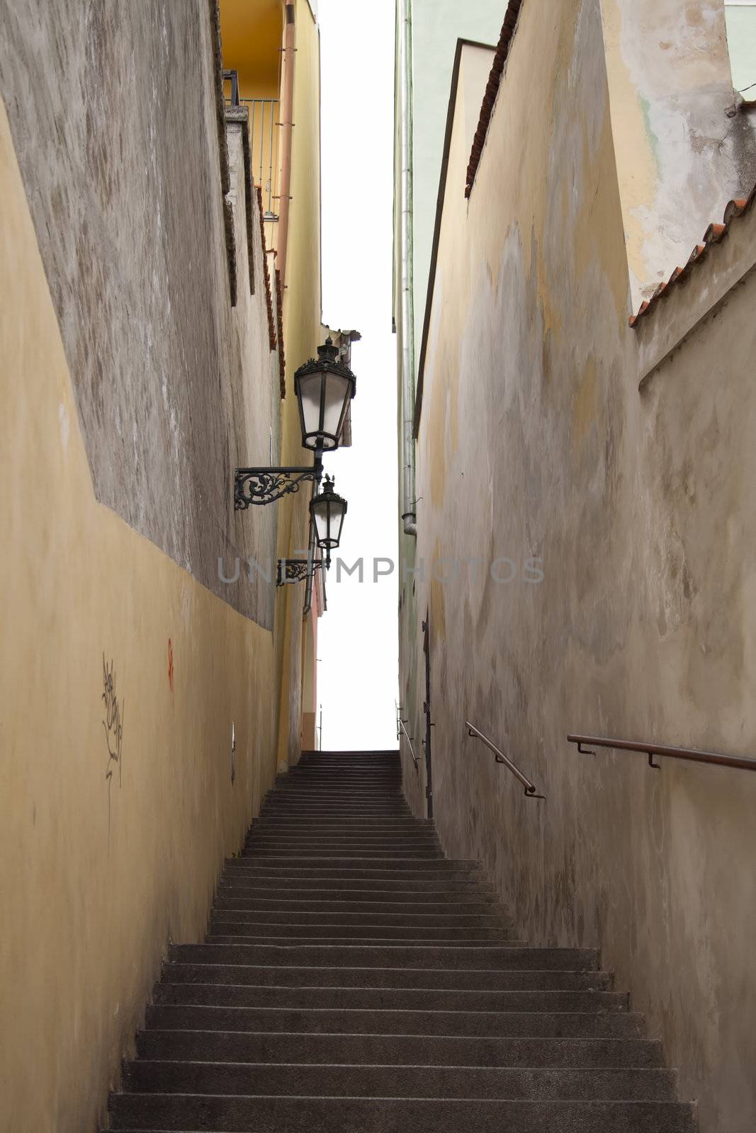 staircase leading upstairs. climb the stairs. in the old town. Prague, Czech Republic