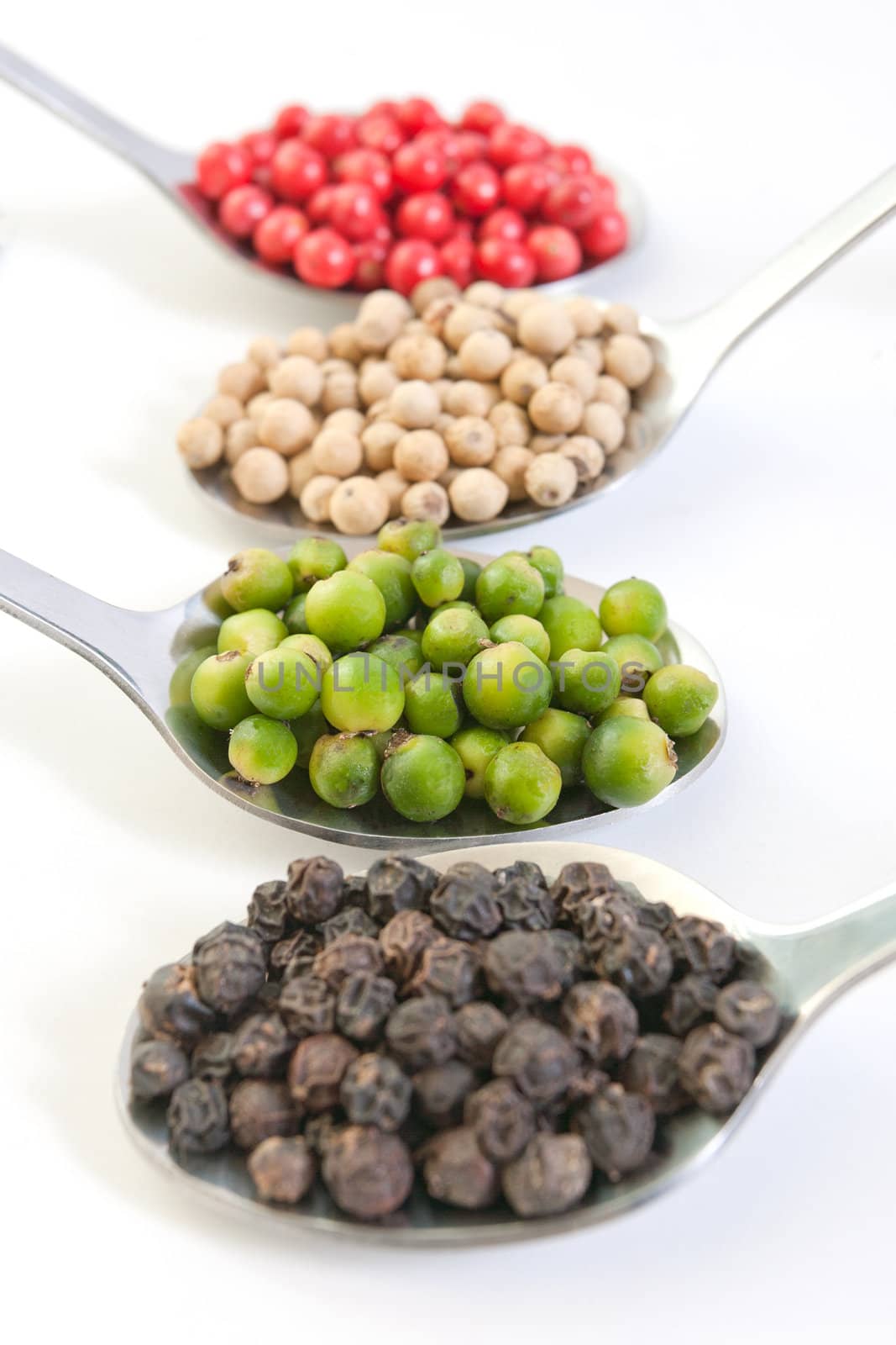 Four kinds of peppercorns in spoons isolated on white background